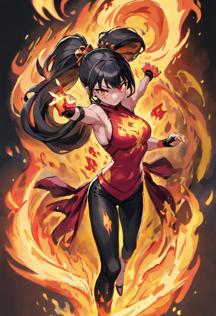 Nawra, tall dark-skinned Arab girl with black hair ponytail, yellow eyes, and a red crop top and black trousers, tall, athletic, strong, fit, muscular, fire!! full body, appears as the fire goddess, fire goddess, nico robin, hot fire goddess, she has fire powers, black - haired mage, ahri, her hair is on fire, style artgerm, full body portrait of a short!, the butterfly goddess of fire, genie girl, djinni girl, superpowered girl, fire elemental, martial artist