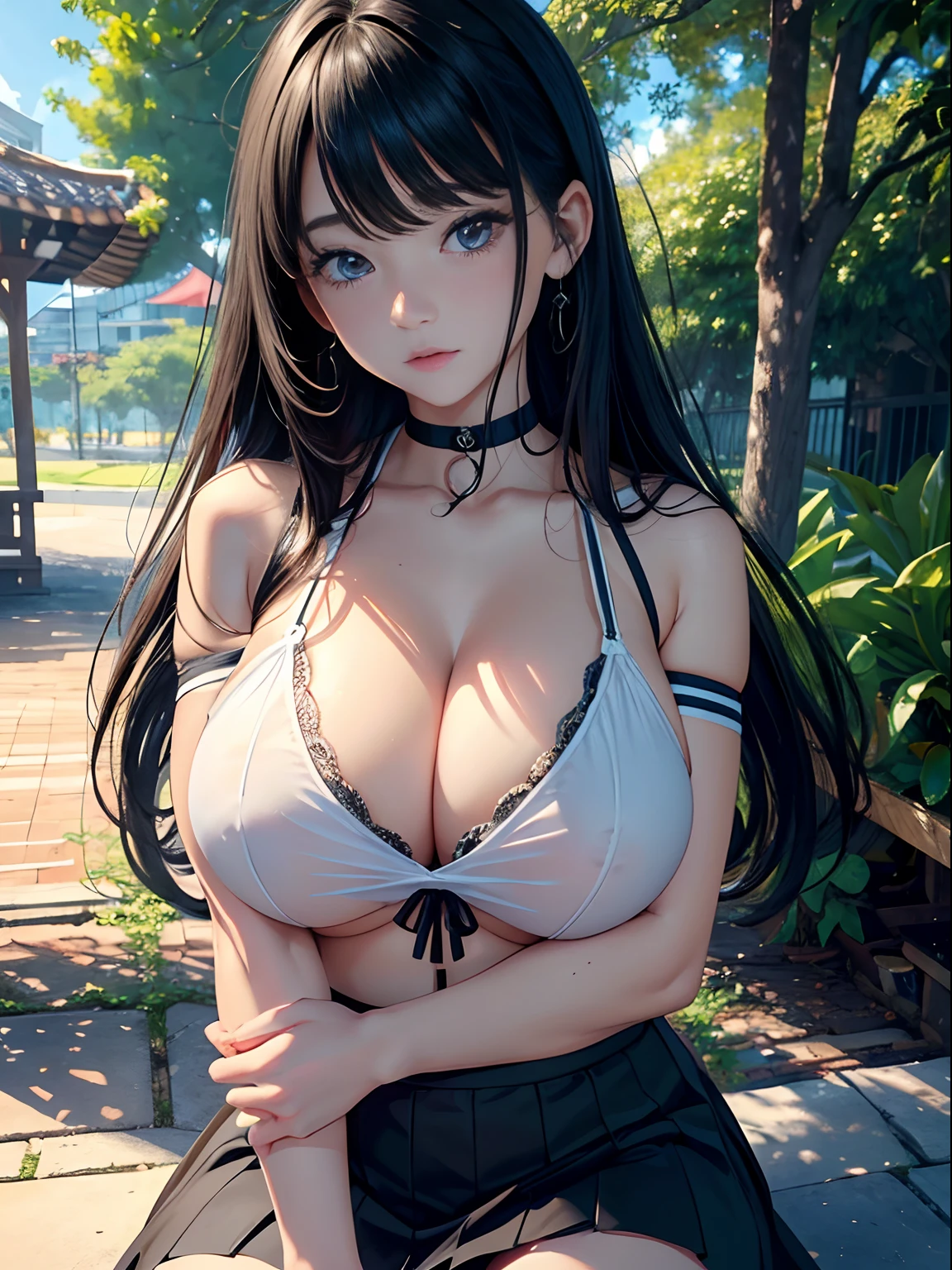 Girls(masterpiece:1.4)、(in 8K、realisitic、Raw photo、top-quality:1.4)、(Real Face:1.4)、(real looking skin:1.3)、超A high resolution、A hyper-realistic、Eyes in Beautiful Details、Shoulder-length black hair、White bra、high detailing、pleatedskirt、(huge-breasted:1.5)、cleavage of the breast、Blushing、Embarrassed look、gargantilha、a park