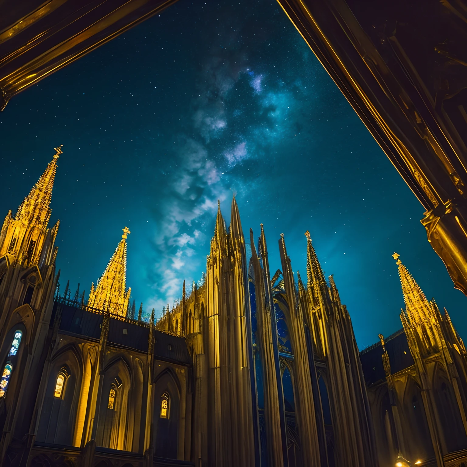 pov from down、look up to、Super-developed civilization、Huge metropolis、cathedral、Fantasia、Magnificent terrain、Hyper Beautiful Sky、High-rise complex、Medieval European style、European style architectural group、Sky architecture、Pulling composition、hight resolution、8K、concept-art、Divine Rays、an oil painting、Buildings lined up、gotik、Fantasy architecture、detail portrayal
、night landscape、Beautiful night sky、The lights of the city shine