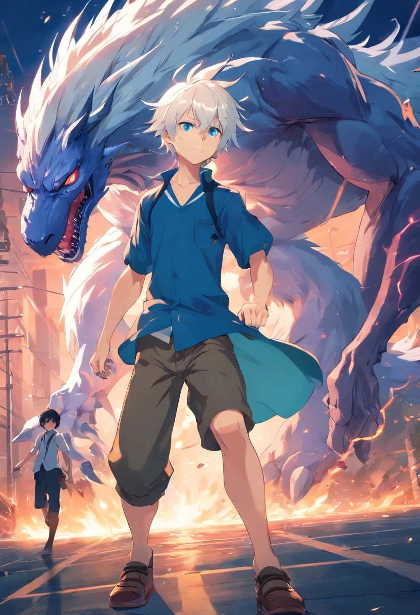  boy with white hair, Blue eyes and slender build fighting a terrifying monster