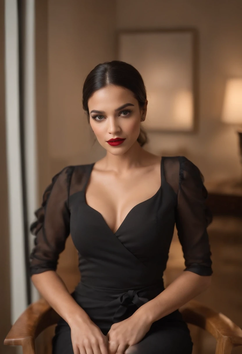uma mulher alta e bonita, 28 anos, com cabelos negros cacheados e olhos negros, nariz pequeno, red-lips, Latino-americana, brasileira, usando um vestido preto com uma cintura apertada, in a closed environment, being the living room of an apartment with sofa and chairs.