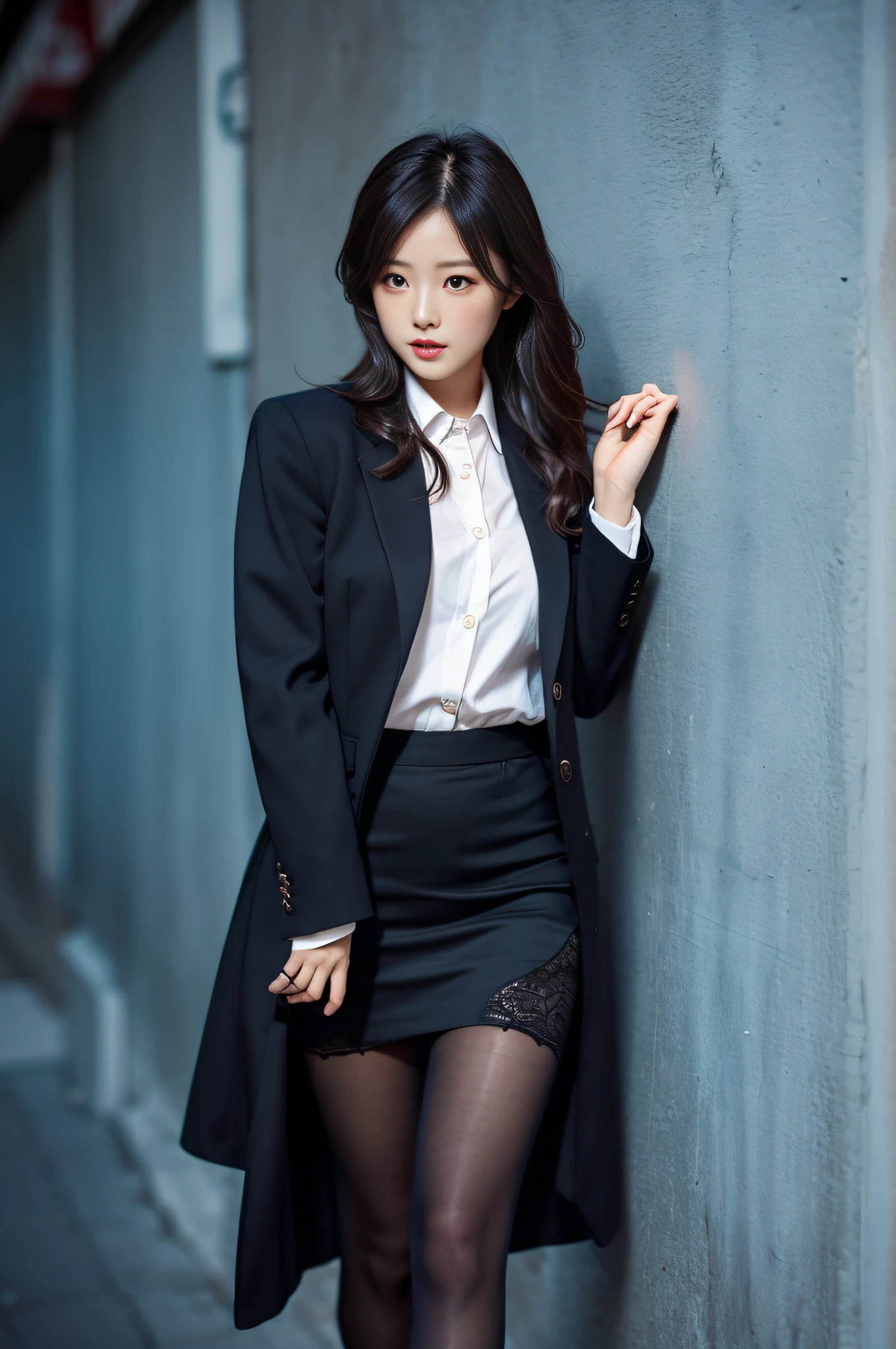 Charming beauties、black pantyhose、Suit jacket、Black tight skirt、beauty legs、Dyed in darkness、lacy fabric