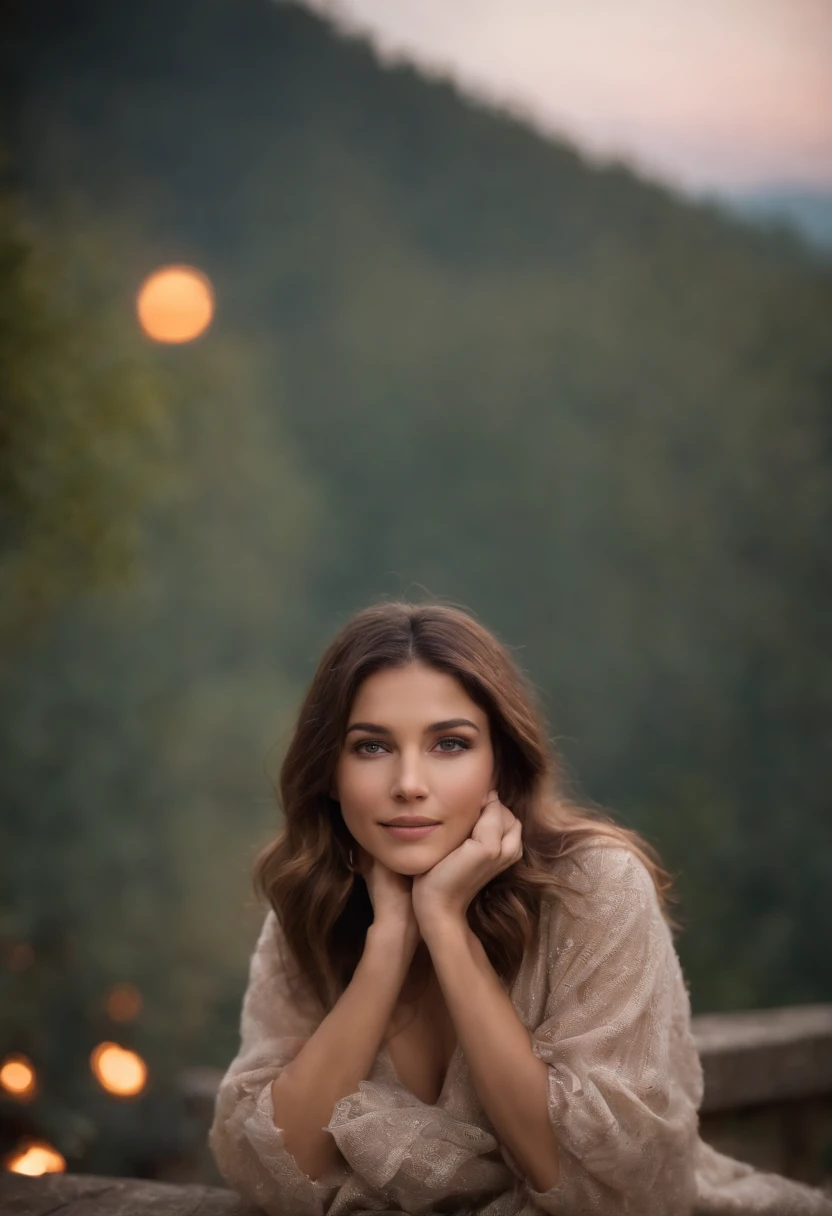 20 years old, Italian girl, same face, cute face, slim body, night time, aqua eyes, brunette hair, cute face, bigger breasts, in a simple knit poncho, standing near a mountain lookout with soft moonlight illuminating the scenery