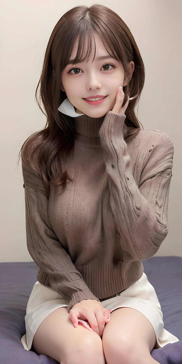 masutepiece, Best Quality,
Ultra-detailed, finely detail, hight resolution, in 8K,
((Photorealsitic:1.4, Raw photography, 超A high resolution,Top image quality: 1.4)),
Wallpaper,
((Perfect whole body configuration1.5)),
((Beautiful detailed eyes, Natural Color Lip、Clean face、Gaze staring at the camera、Lashes、big eye、Distinct double eyelids、Tear mole、glowy skin、Clean skin quality、lipgloss)),
((a serene smile:1.5)),
((Random and cute hairstyles)),
((Turtleneck knitwear:1.5)),
(Underwear marks can be seen through:1.5)),((large breasts size、cleavage of the breast:1.2)),
((Random and cute micro mini skirt:1.5)),
((spread your legs wide with your buttocks,:1.5)),
((breastsout、under look eyes、Mole on the arm:1.2)),
((look up to)),
((Random blurry background)),
((Random and cute facial expressions:1.5)),,
((((One woman with her hands behind her back:1.5))))
very detailed and professional lighting、
((Sexy underwear visible from skirt with legs spread:1.5))、
((thigh visible:1.5))