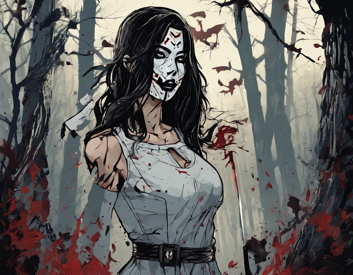 A girl wearing a hockey mask with a machete, piercing blue eyes, bloodied lips, and a sinister smile, surrounded by a dark and eerie forest. She is dressed in a tattered and dirty white dress, with long, tangled black hair covering half of her face. The scene is set during a stormy night, with thunder and lightning illuminating the scene. The girl stands in a haunting pose, holding the machete in one hand and raising it high in the air. The atmosphere is filled with suspense and fear, as if she is about to strike her next victim.

The artwork should be created in a hyper-realistic style, using high-resolution techniques to capture every detail of the girl's face, dress, and the surrounding forest. The colors should be desaturated, with a cold and gloomy tone, enhancing the horror theme. Studio lighting should be used to add depth and highlight the details of the girl's face and the forest. The overall image quality should be of the highest standard, producing a 4K or 8K masterpiece that showcases extreme detail and realism.

In summary, the prompt should include the following tags: 
- female Jason Voorhees
- hockey mask
- machete
- piercing blue eyes
- bloodied lips
- sinister smile
- dark and eerie forest
- tattered and dirty white dress
- long tangled black hair
- stormy night
- thunder and lightning
- haunting pose
- suspense
- fear
- hyper-realistic style
- high-resolution techniques
- desaturated colors
- cold and gloomy tone
- studio lighting
- 4K or 8K quality
- extreme detail and realism

Remember to arrange the tags in order of importance and separate them with commas.