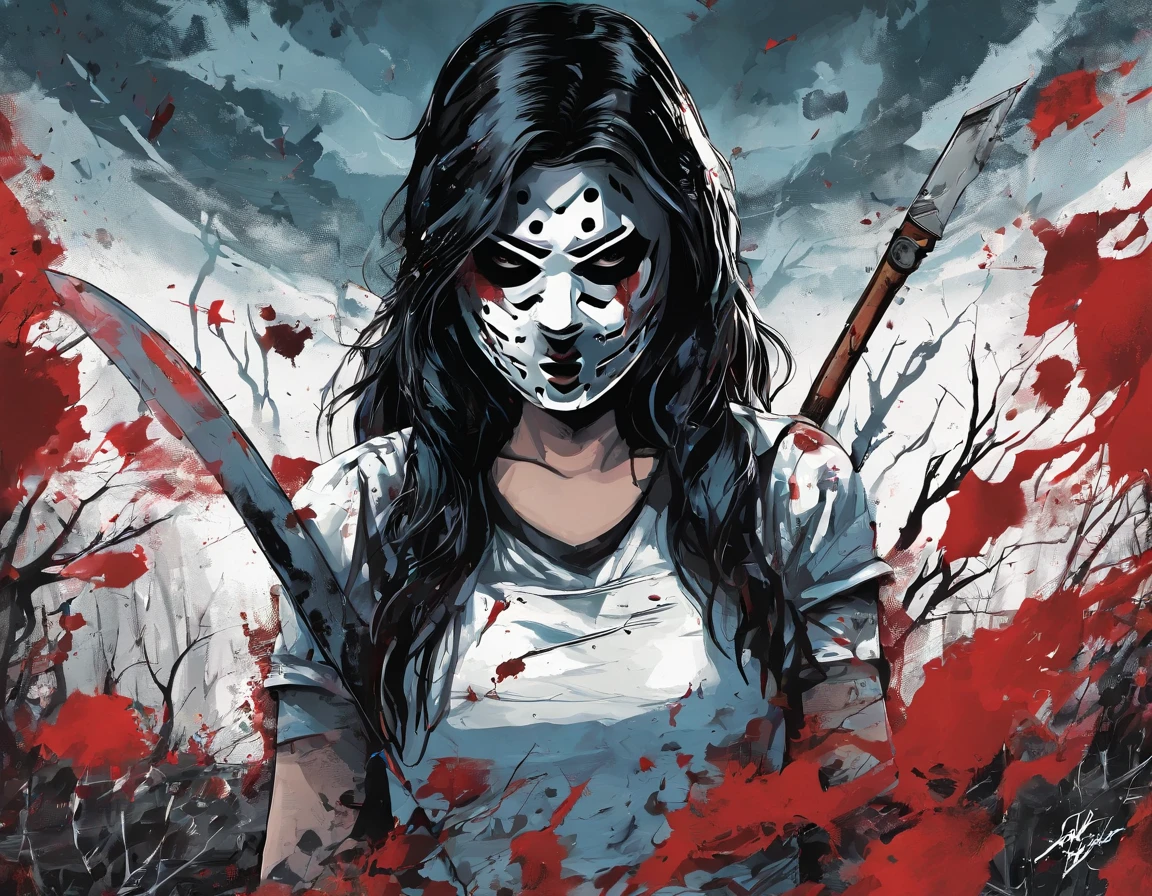A girl wearing a hockey mask with a machete, piercing blue eyes, bloodied lips, and a sinister smile, surrounded by a dark and eerie forest. She is dressed in a tattered and dirty white dress, with long, tangled black hair covering half of her face. The scene is set during a stormy night, with thunder and lightning illuminating the scene. The girl stands in a haunting pose, holding the machete in one hand and raising it high in the air. The atmosphere is filled with suspense and fear, as if she is about to strike her next victim.
The artwork should be created in a hyper-realistic style, using high-resolution techniques to capture every detail of the girl's face, dress, and the surrounding forest. The colors should be desaturated, with a cold and gloomy tone, enhancing the horror theme. Studio lighting should be used to add depth and highlight the details of the girl's face and the forest. The overall image quality should be of the highest standard, producing a 4K or 8K masterpiece that showcases extreme detail and realism.
In summary, the prompt should include the following tags:
- female Jason Voorhees
- hockey mask
- machete
- piercing blue eyes
- bloodied lips
- sinister smile
- dark and eerie forest
- tattered and dirty white dress
- long tangled black hair
- stormy night
- thunder and lightning
- haunting pose
- suspense
- fear
- hyper-realistic style
- high-resolution techniques
- desaturated colors
- cold and gloomy tone
- studio lighting
- 4K or 8K quality
- extreme detail and realism
Remember to arrange the tags in order of importance and separate them with commas.