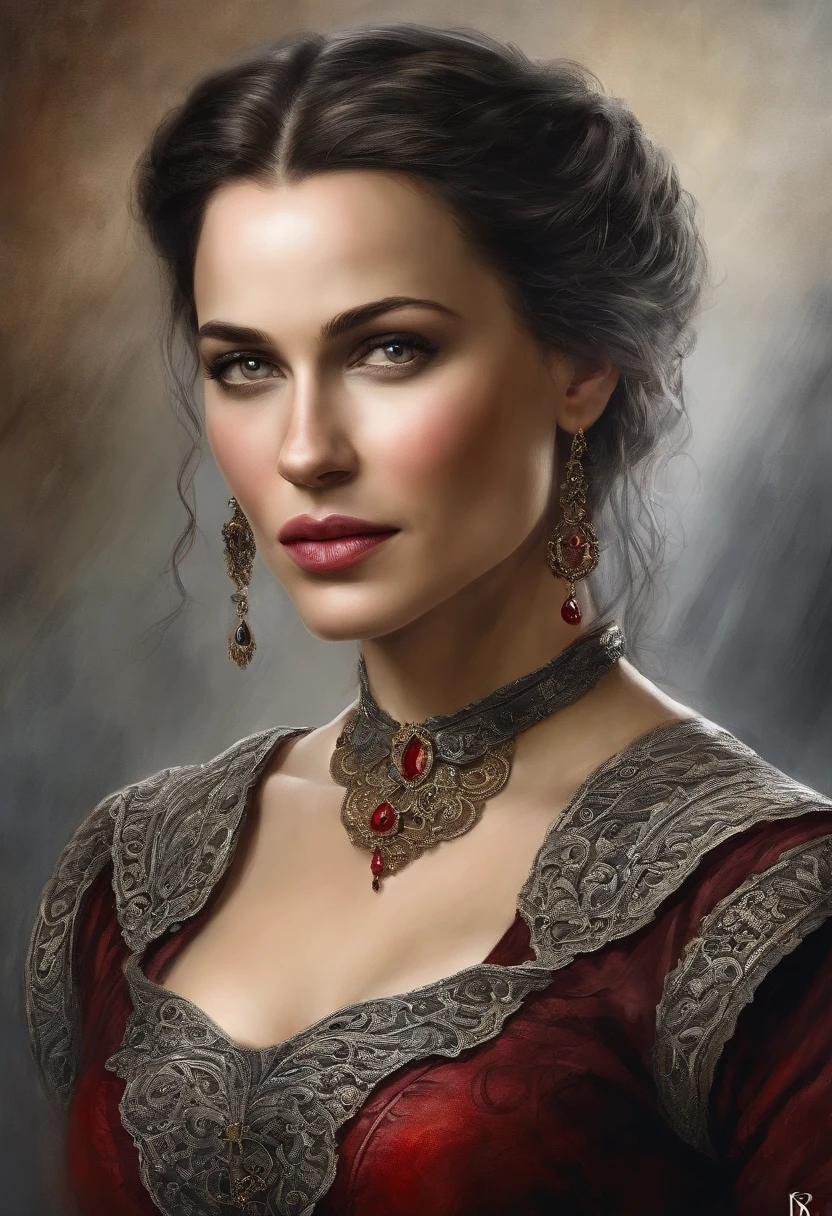 Portrait of a very beautiful medieval girl Mirena from the movie Dracula Untold (2014), female image of Mirena from the movie Dracula Untold (2014), cara muy hermosa y esbelta de Sarah Gadon, cabello largo rubio grueso, Su cabello brilla con oro, lleva un hermoso atuendo medieval europeo , Camisa de lino blanco con mangas de codo, Dark grey and tight corset, Low and wide red leather belt around her waist from Dracula Untold (2014), ojos azules, dark gray shadows on your eyelids, long, thick black eyelashes, accentuated cheekbones, hermosos labios rojos sensuales, Alrededor del siglo 15, La Edad Media, This woman is twenty-six years old -