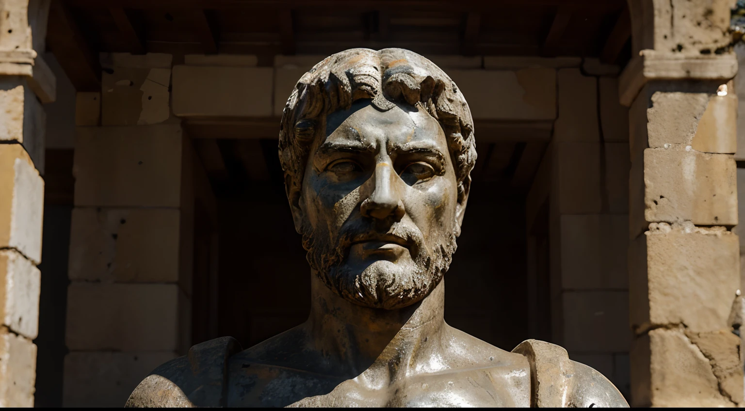Ancient Stoic Statue With Very Angry Expression, tem barba, muitos detalhes em ambos os olhos, Outside, fundo atenas grego, open sky, com rosto extremamente detalhado full body view, Colors with low saturation with dark tone, Filmado em Sony A7S III com Sony FE 35mm f/1.8, 12.1 MP, --AR 3:2 --estilo cru