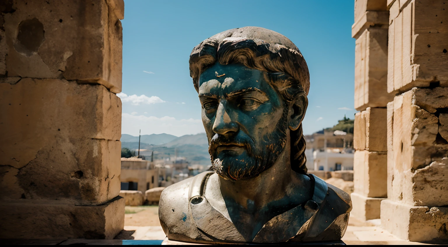 Ancient Stoic Statue With Very Angry Expression, tem barba, muitos detalhes em ambos os olhos, Outside, fundo atenas grego, open sky, com rosto extremamente detalhado full body view, Colors with low saturation with dark tone, Filmado em Sony A7S III com Sony FE 35mm f/1.8, 12.1 MP, --AR 3:2 --estilo cru