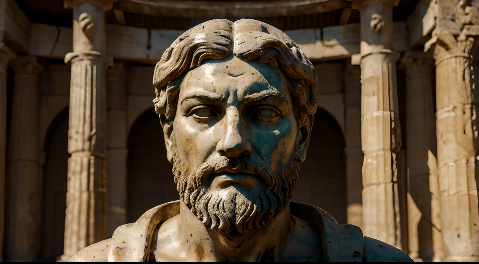 Ancient Stoic Statue With Very Angry Expression, tem barba, muitos detalhes em ambos os olhos, Outside, fundo atenas grego, open sky, com rosto extremamente detalhado full body view, Colors with low saturation with dark tone, Filmado em Sony A7S III com Sony FE 35mm f/1.8, 12.1 MP, --AR 3:2 --estilo cru