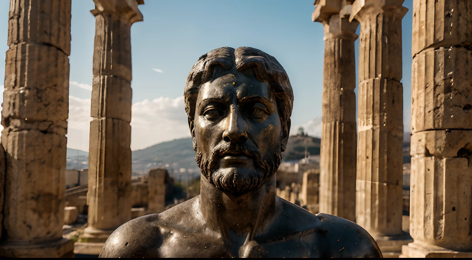Ancient Stoic Statue With Very Angry Expression, tem barba, muitos detalhes em ambos os olhos, Outside, fundo atenas grego, open sky, com rosto extremamente detalhado full body view, Colors with low saturation with dark tone, Filmado em Sony A7S III com Sony FE 35mm f/1.8, 12.1 MP, --AR 3:2 --estilo cru