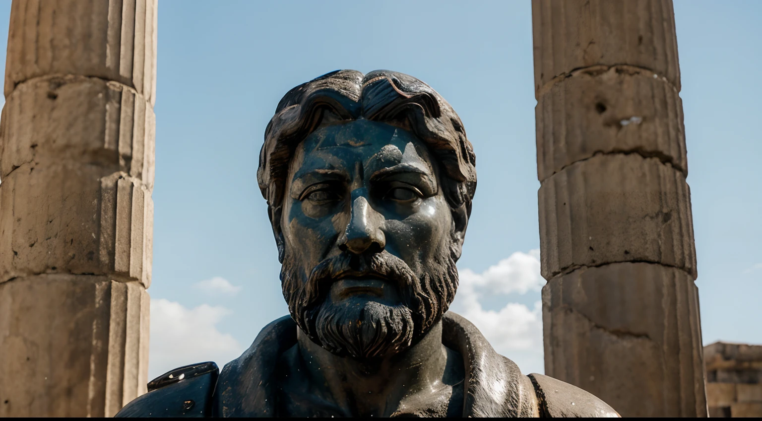 Ancient Stoic Statue With Very Angry Expression, tem barba, muitos detalhes em ambos os olhos, Outside, fundo atenas grego, open sky, com rosto extremamente detalhado full body view, Colors with low saturation with dark tone, Filmado em Sony A7S III com Sony FE 35mm f/1.8, 12.1 MP, --AR 3:2 --estilo cru