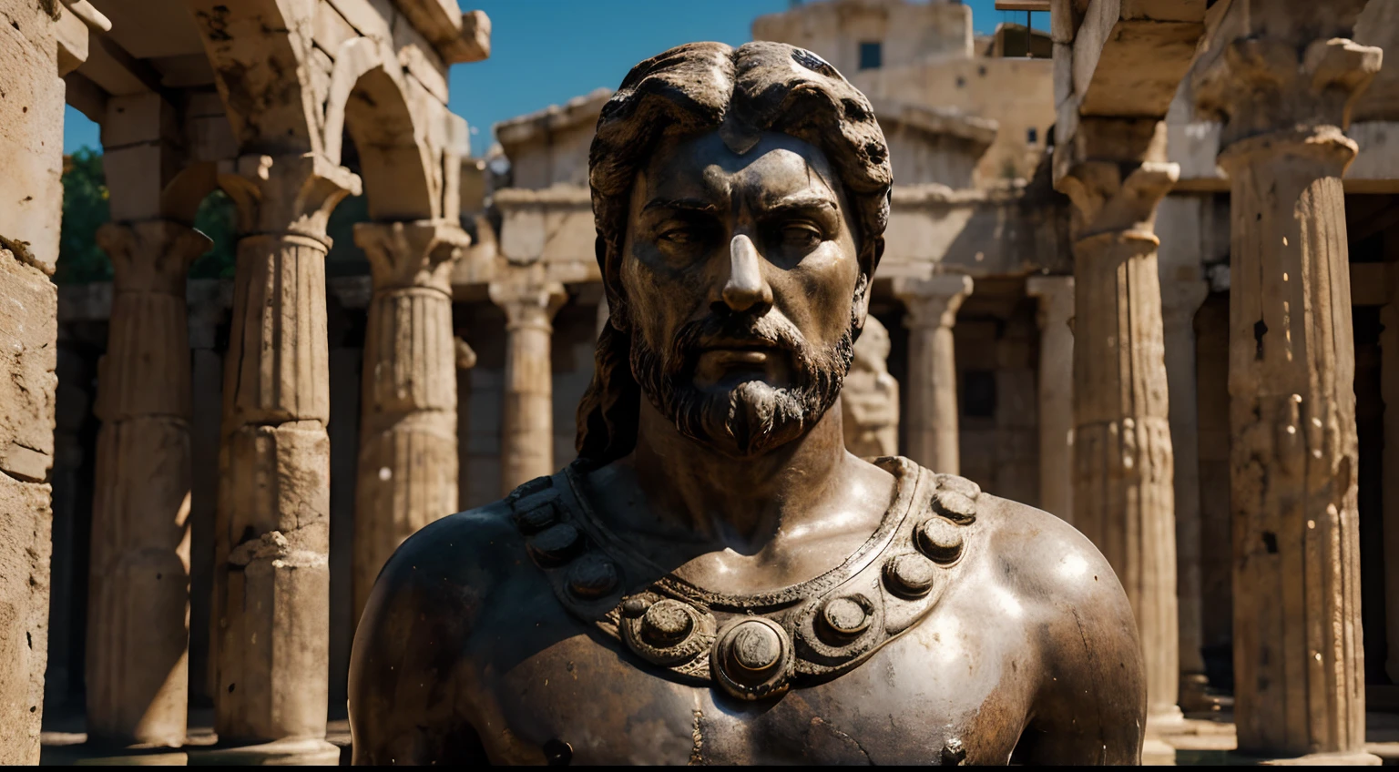 Ancient Stoic Statue With Very Angry Expression, tem barba, muitos detalhes em ambos os olhos, Outside, fundo atenas grego, open sky, com rosto extremamente detalhado full body view, Colors with low saturation with dark tone, Filmado em Sony A7S III com Sony FE 35mm f/1.8, 12.1 MP, --AR 3:2 --estilo cru