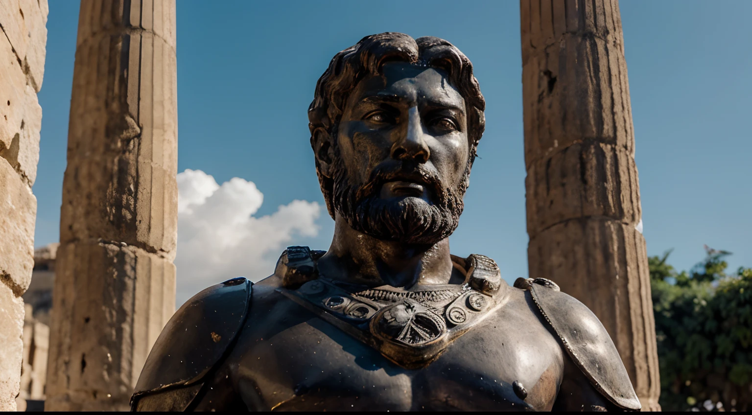 Ancient Stoic Statue With Very Angry Expression, tem barba, muitos detalhes em ambos os olhos, Outside, fundo atenas grego, open sky, com rosto extremamente detalhado full body view, Colors with low saturation with dark tone, Filmado em Sony A7S III com Sony FE 35mm f/1.8, 12.1 MP, --AR 3:2 --estilo cru