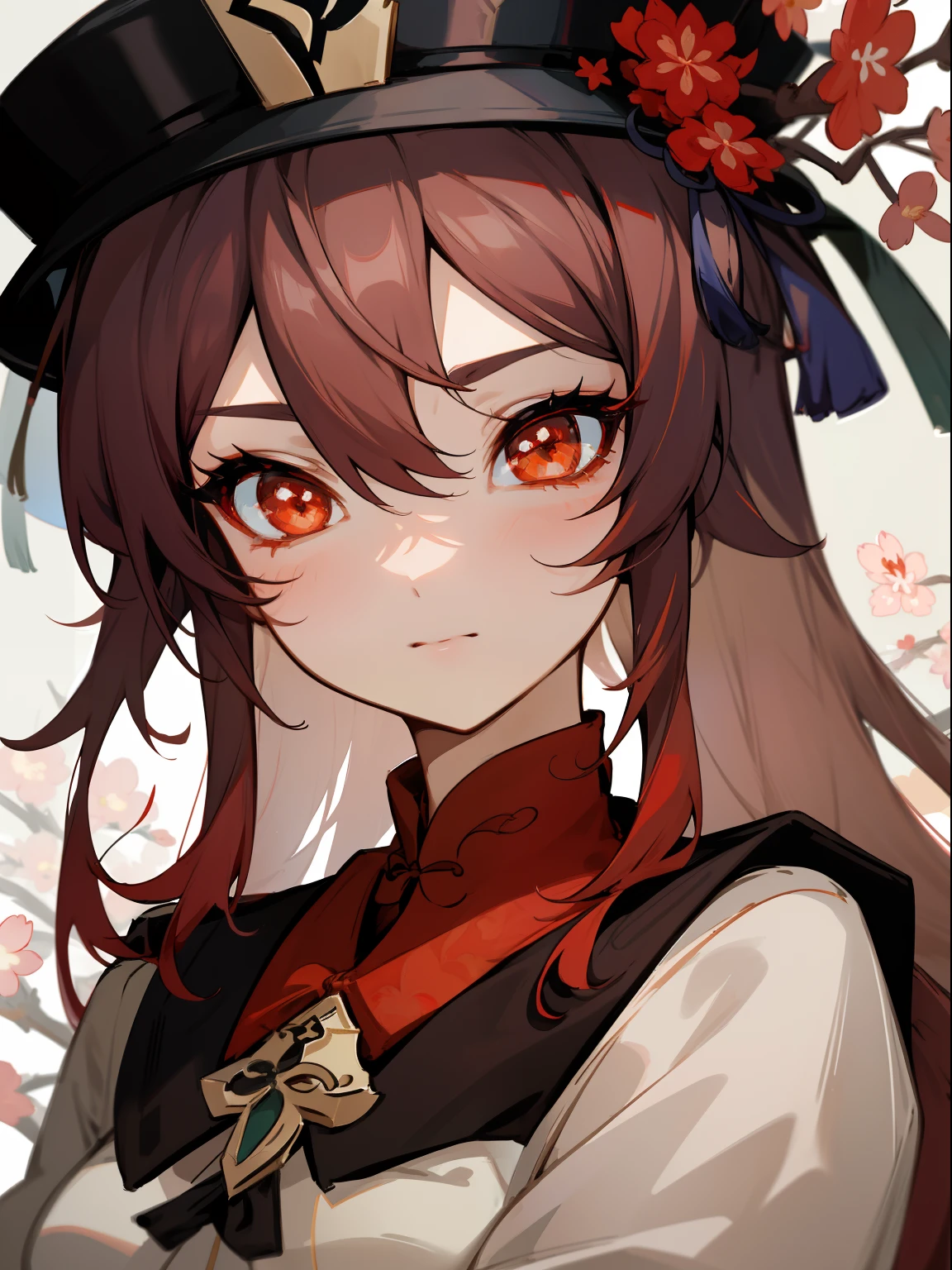 2d, masterpiece, best quality, anime, highly detailed eyes, highly detailed face, highly detailed background, perfect lighting, close up, 1girl, solo, standing, hu tao \(genshin impact\), symbol-shaped pupils, flower-shaped pupils, hat, red flower, red eyes, cherry blossoms