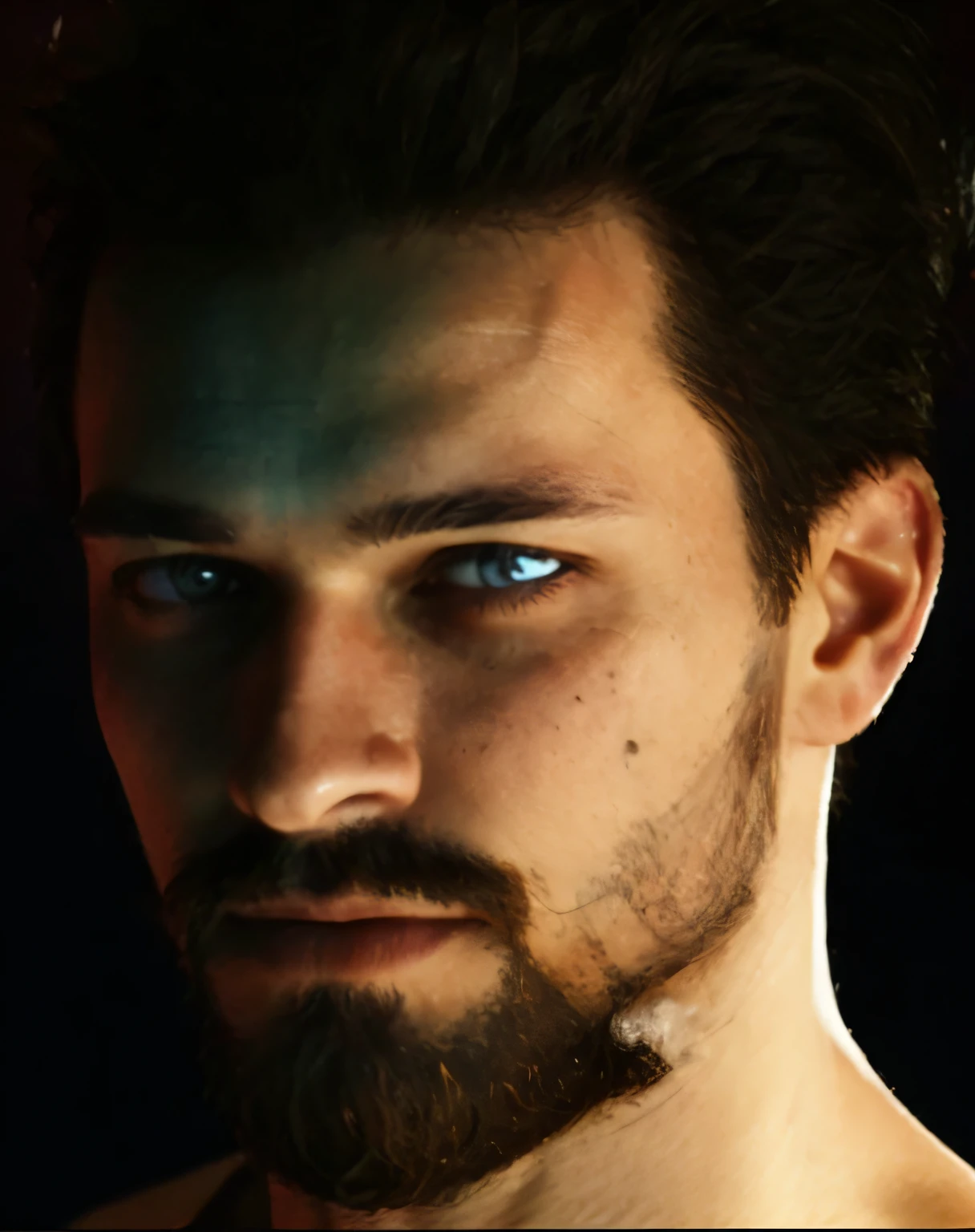 Portrait d'un homme avec une barbe fournie, facial hairs, Blue Cybernetic Eyes, small cybernetics sur le front et les tempes, unshaven, Acne