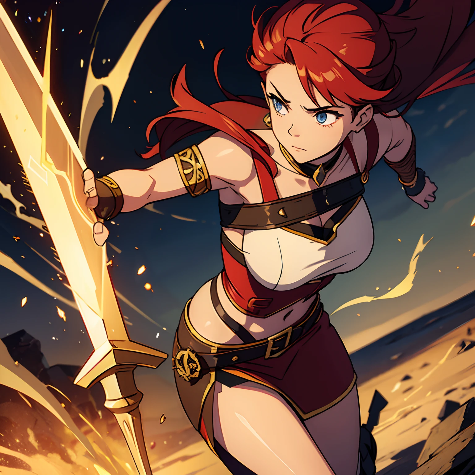 uma mulher de cabelos vermelhos, roupas de viking, has in his left hand has an axe, corpo