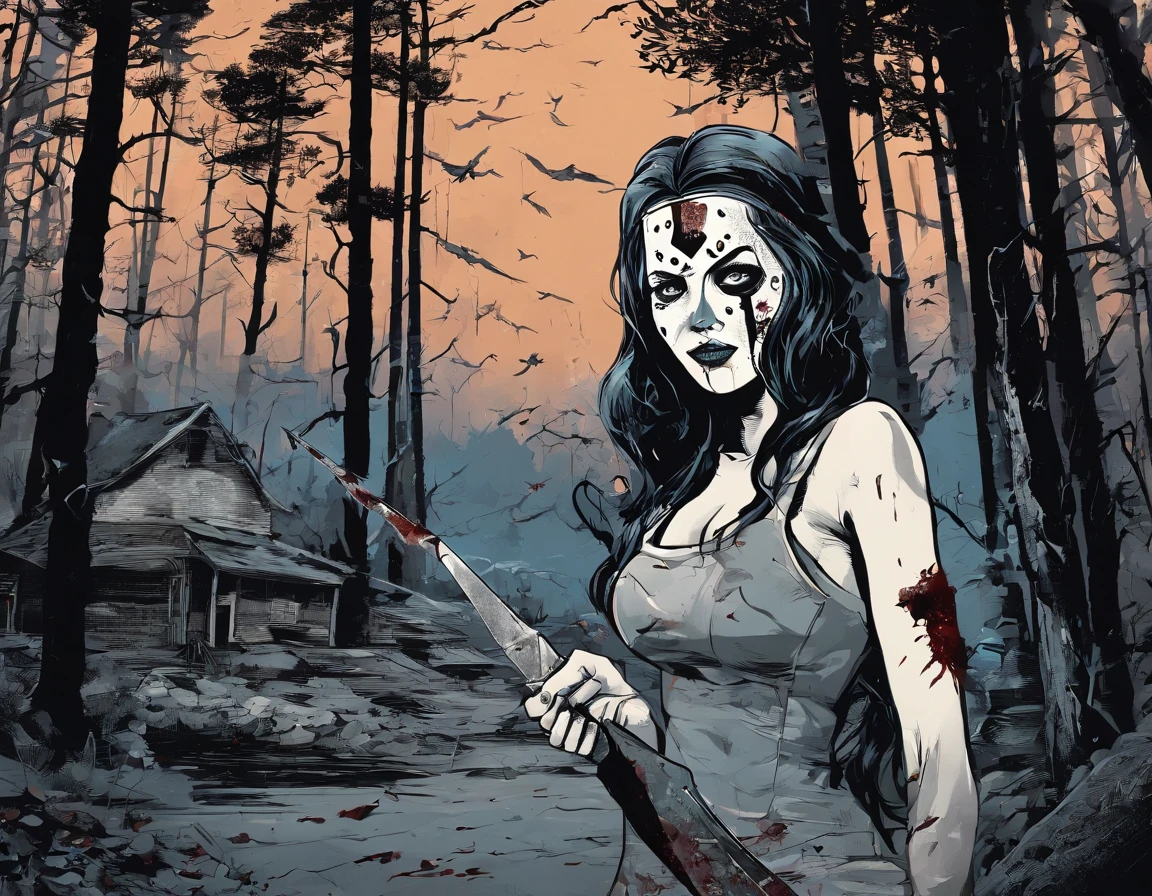 A girl wearing a hockey mask with a machete, piercing blue eyes, bloodied lips, and a sinister smile, surrounded by a dark and eerie forest. She is dressed in a tattered and dirty white dress, with long, tangled black hair covering half of her face. The scene is set during a stormy night, with thunder and lightning illuminating the scene. The girl stands in a haunting pose, holding the machete in one hand and raising it high in the air. The atmosphere is filled with suspense and fear, as if she is about to strike her next victim.

The artwork should be created in a hyper-realistic style, using high-resolution techniques to capture every detail of the girl's face, dress, and the surrounding forest. The colors should be desaturated, with a cold and gloomy tone, enhancing the horror theme. Studio lighting should be used to add depth and highlight the details of the girl's face and the forest. The overall image quality should be of the highest standard, producing a 4K or 8K masterpiece that showcases extreme detail and realism.

In summary, the prompt should include the following tags: 
- female Jason Voorhees
- hockey mask
- machete
- piercing blue eyes
- bloodied lips
- sinister smile
- dark and eerie forest
- tattered and dirty white dress
- long tangled black hair
- stormy night
- thunder and lightning
- haunting pose
- suspense
- fear
- hyper-realistic style
- high-resolution techniques
- desaturated colors
- cold and gloomy tone
- studio lighting
- 4K or 8K quality
- extreme detail and realism

Remember to arrange the tags in order of importance and separate them with commas.