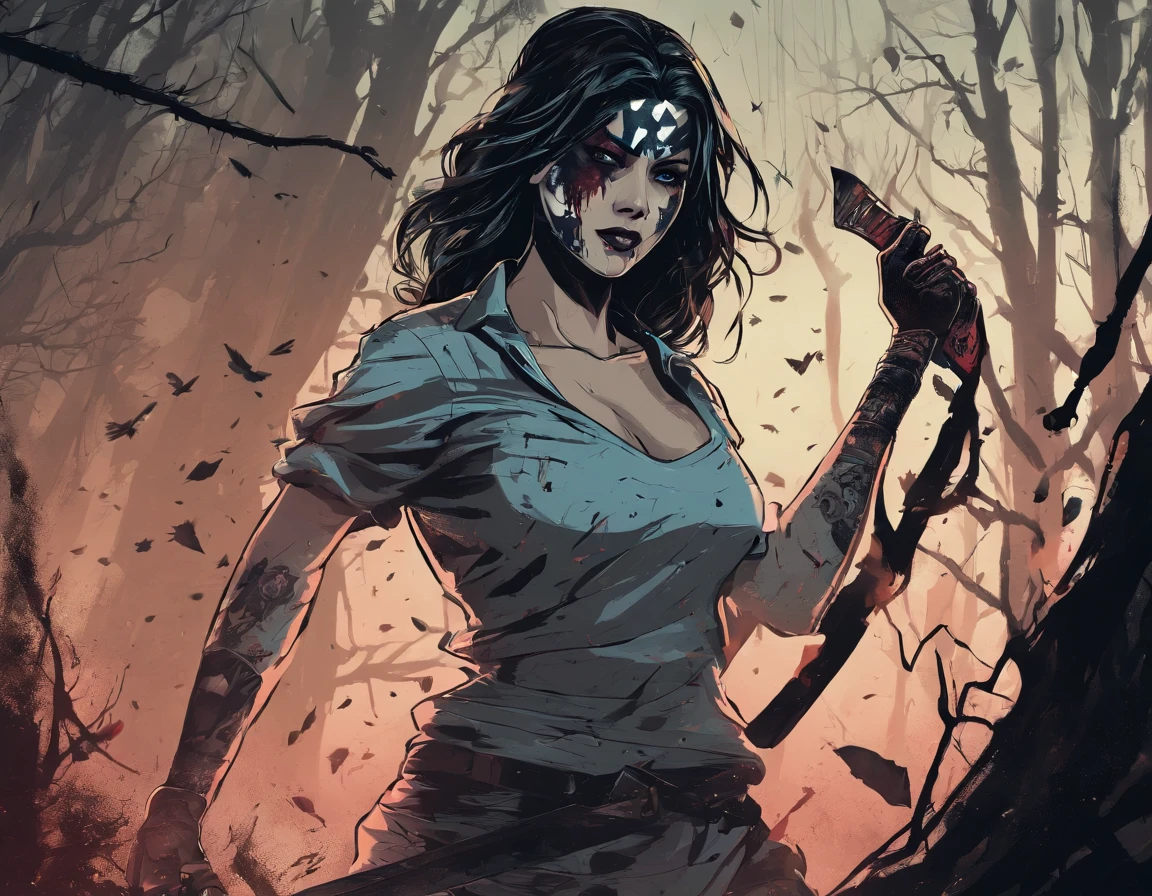 horror art, Best quality, masterpiece, ultra high res,, in a decrepit unsettling forest in Hell, creepy background , horror lighting, dynamic action, brave beautiful girl that has black hair, ponytail, yellow eyes, black and red, samurai armor, holding a sword that's illuminati her a path out of the darkness.