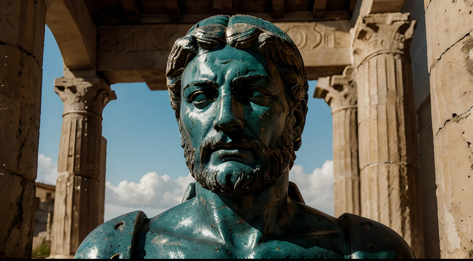 Ancient Stoic Statue With Very Angry Expression, tem barba, muitos detalhes em ambos os olhos, Outside, fundo atenas grego, open sky, com rosto extremamente detalhado full body view, Colors with low saturation with dark tone, Filmado em Sony A7S III com Sony FE 35mm f/1.8, 12.1 MP, --AR 3:2 --estilo cru