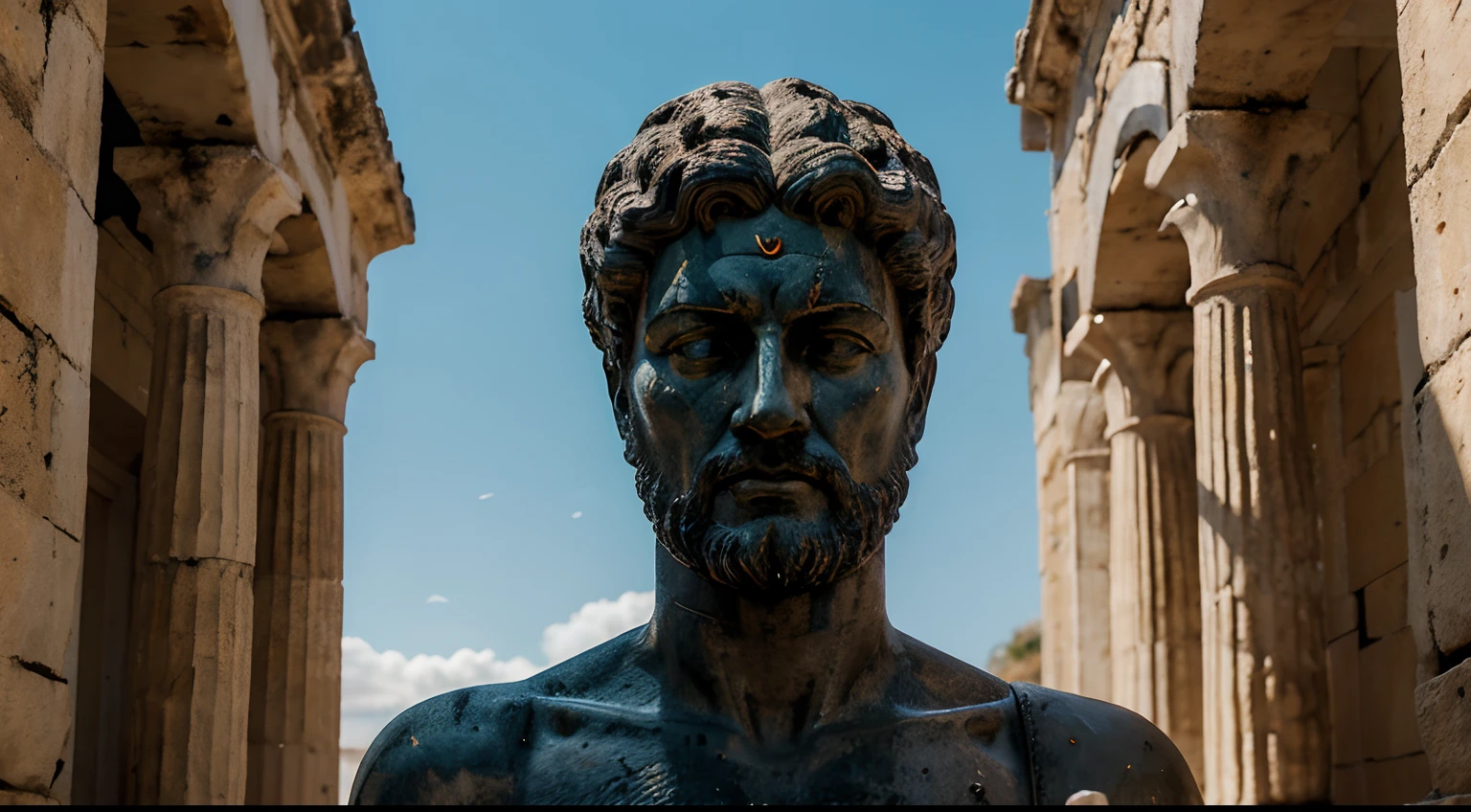 Ancient Stoic Statue With Very Angry Expression, tem barba, muitos detalhes em ambos os olhos, Outside, fundo atenas grego, open sky, com rosto extremamente detalhado full body view, Colors with low saturation with dark tone, Filmado em Sony A7S III com Sony FE 35mm f/1.8, 12.1 MP, --AR 3:2 --estilo cru