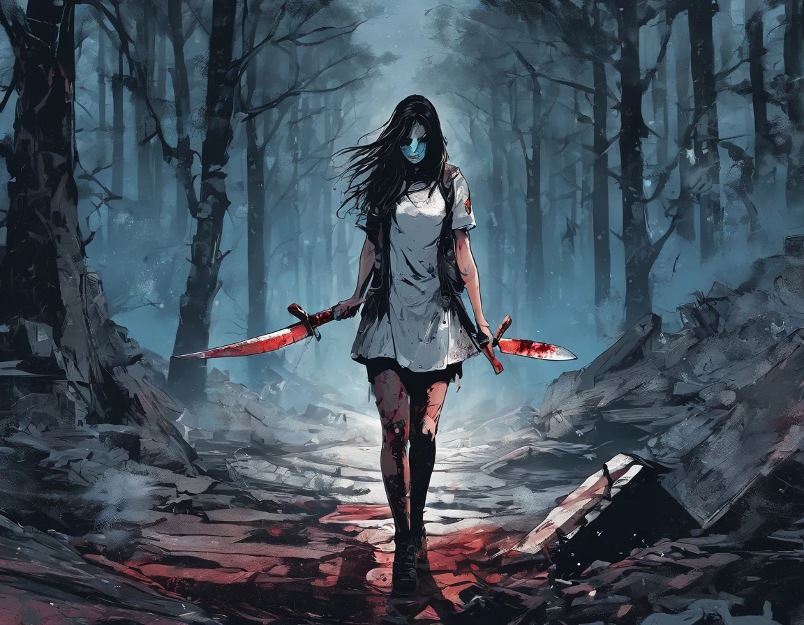 A girl wearing a hockey mask with a machete, piercing blue eyes, bloodied lips, and a sinister smile, surrounded by a dark and eerie forest. She is dressed in a tattered and dirty white dress, with long, tangled black hair covering half of her face. The scene is set during a stormy night, with thunder and lightning illuminating the scene. The girl stands in a haunting pose, holding the machete in one hand and raising it high in the air. The atmosphere is filled with suspense and fear, as if she is about to strike her next victim.
The artwork should be created in a hyper-realistic style, using high-resolution techniques to capture every detail of the girl's face, dress, and the surrounding forest. The colors should be desaturated, with a cold and gloomy tone, enhancing the horror theme. Studio lighting should be used to add depth and highlight the details of the girl's face and the forest. The overall image quality should be of the highest standard, producing a 4K or 8K masterpiece that showcases extreme detail and realism.
In summary, the prompt should include the following tags:
- female Jason Voorhees
- hockey mask
- machete
- piercing blue eyes
- bloodied lips
- sinister smile
- dark and eerie forest
- tattered and dirty white dress
- long tangled black hair
- stormy night
- thunder and lightning
- haunting pose
- suspense
- fear
- hyper-realistic style
- high-resolution techniques
- desaturated colors
- cold and gloomy tone
- studio lighting
- 4K or 8K quality
- extreme detail and realism
Remember to arrange the tags in order of importance and separate them with commas.