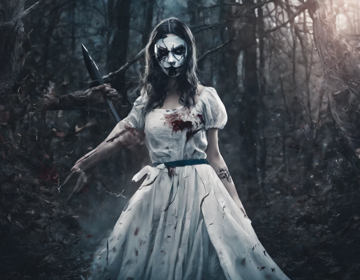 A girl wearing a hockey mask with a machete, piercing blue eyes, bloodied lips, and a sinister smile, surrounded by a dark and eerie forest. She is dressed in a tattered and dirty white dress, with long, tangled black hair covering half of her face. The scene is set during a stormy night, with thunder and lightning illuminating the scene. The girl stands in a haunting pose, holding the machete in one hand and raising it high in the air. The atmosphere is filled with suspense and fear, as if she is about to strike her next victim.
The artwork should be created in a hyper-realistic style, using high-resolution techniques to capture every detail of the girl's face, dress, and the surrounding forest. The colors should be desaturated, with a cold and gloomy tone, enhancing the horror theme. Studio lighting should be used to add depth and highlight the details of the girl's face and the forest. The overall image quality should be of the highest standard, producing a 4K or 8K masterpiece that showcases extreme detail and realism.
In summary, the prompt should include the following tags:
- female Jason Voorhees
- hockey mask
- machete
- piercing blue eyes
- bloodied lips
- sinister smile
- dark and eerie forest
- tattered and dirty white dress
- long tangled black hair
- stormy night
- thunder and lightning
- haunting pose
- suspense
- fear
- hyper-realistic style
- high-resolution techniques
- desaturated colors
- cold and gloomy tone
- studio lighting
- 4K or 8K quality
- extreme detail and realism
Remember to arrange the tags in order of importance and separate them with commas.