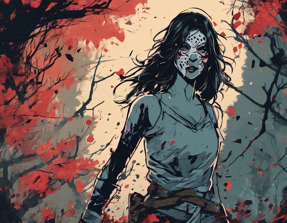 A girl wearing a hockey mask with a machete, piercing blue eyes, bloodied lips, and a sinister smile, surrounded by a dark and eerie forest. She is dressed in a tattered and dirty white dress, with long, tangled black hair covering half of her face. The scene is set during a stormy night, with thunder and lightning illuminating the scene. The girl stands in a haunting pose, holding the machete in one hand and raising it high in the air. The atmosphere is filled with suspense and fear, as if she is about to strike her next victim.
The artwork should be created in a hyper-realistic style, using high-resolution techniques to capture every detail of the girl's face, dress, and the surrounding forest. The colors should be desaturated, with a cold and gloomy tone, enhancing the horror theme. Studio lighting should be used to add depth and highlight the details of the girl's face and the forest. The overall image quality should be of the highest standard, producing a 4K or 8K masterpiece that showcases extreme detail and realism.
In summary, the prompt should include the following tags:
- female Jason Voorhees
- hockey mask
- machete
- piercing blue eyes
- bloodied lips
- sinister smile
- dark and eerie forest
- tattered and dirty white dress
- long tangled black hair
- stormy night
- thunder and lightning
- haunting pose
- suspense
- fear
- hyper-realistic style
- high-resolution techniques
- desaturated colors
- cold and gloomy tone
- studio lighting
- 4K or 8K quality
- extreme detail and realism
Remember to arrange the tags in order of importance and separate them with commas.