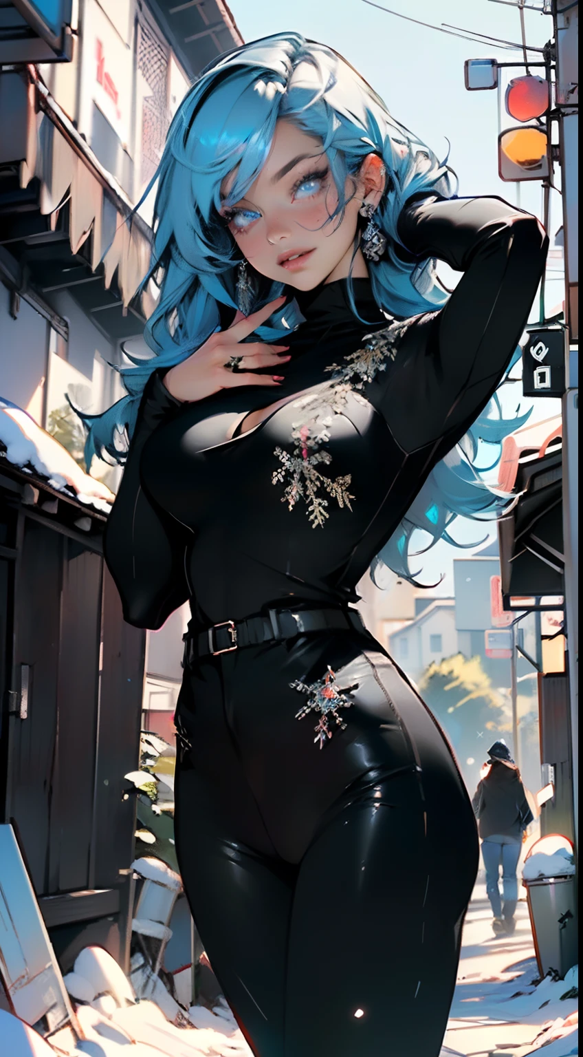 woman,1female,((milf,mom,mature,mature woman,45 years old female,adult)),((Tree Spirit,Nymph,myth)),
(large breasts:1.5),saggy breasts,(((blue hair:1.4,straight hair,long hair:1.4,colored inner hair))),((blue eyes,beautiful detailed eyes,half open eyes,bright eyes,perfect eyes,rainbow glows ultra-detailed deep yellow green eyes:1.1,gradient eyes:1,finely detailed beautiful eyes:1,symmetrical eyes:1,big highlight on eyes:1.2)),((((lustrous skin:1.5,bright skin: 1.5,skin tanned,shiny skin,very shiny skin,shiny body,Reflective skin)))),(spider lower abdomen,narrow waist,wide hip,bimbo body,inflated legs,delicate detailed fingers),((hand consists of a short thumb and four fingers,hand with just five fingers,(detailed face))),
(cute,slutty,sensual,seductive look,seductive,((erotic)),opulent,sumptuous,longingly,(((nsfw)))),
(((Roses clothes,roses of the head))),(((detailed black outfit,detailed leaf clothes))), naked,
(dynamic pose:1.0),solo focus,embarrassed,centered,scale to fit dimensions,Rule of thirds,
twilight,holiday Village Background,winter,snowstorm in background,(pine forest),detailed background:1.25,snow covered,lots of snow, snow,snow forest background,(((Glowing Snowflakes,Glittering Details))),Giant trees,Branch corridor,World Tree,In the deep forest,,
(best quality),(high resolution),(sharp focus),(ultra detailed),(extremely detailed),(extremely high quality artwork),8k_wallpaper,(extremely detailed CG 8k),(very fine 8K CG),((hyper super ultra detailed perfect piece)),flawless,(((masterpiece))),illustration,vibrant colors,(intricate),High contrast,Selective lighting,Double exposure,HDR (High Dynamic Range),Post-processing,Background blur,