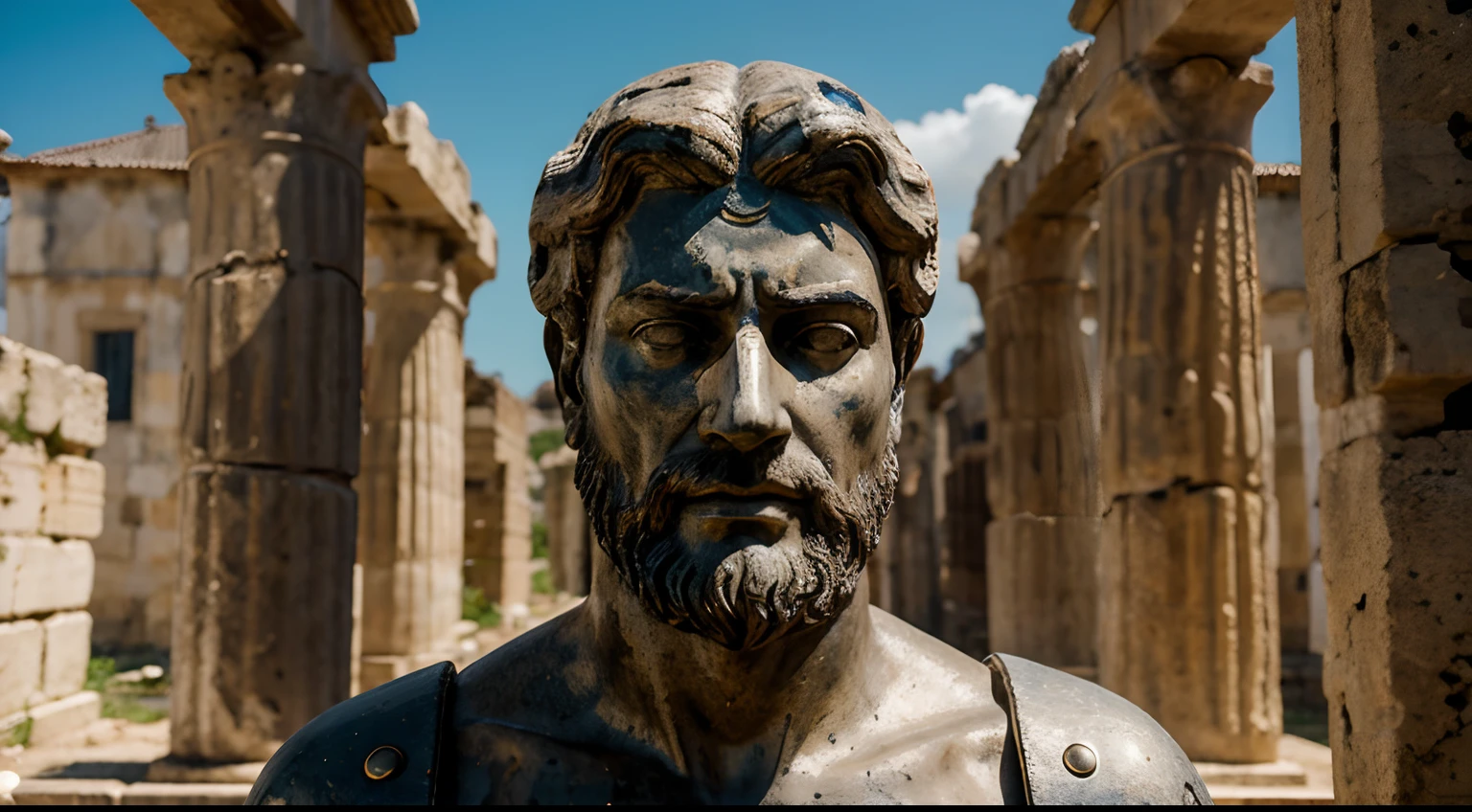 Ancient Stoic Statue With Very Angry Expression, tem barba, muitos detalhes em ambos os olhos, Outside, fundo atenas grego, open sky, com rosto extremamente detalhado full body view, Colors with low saturation with dark tone, Filmado em Sony A7S III com Sony FE 35mm f/1.8, 12.1 MP, --AR 3:2 --estilo cru