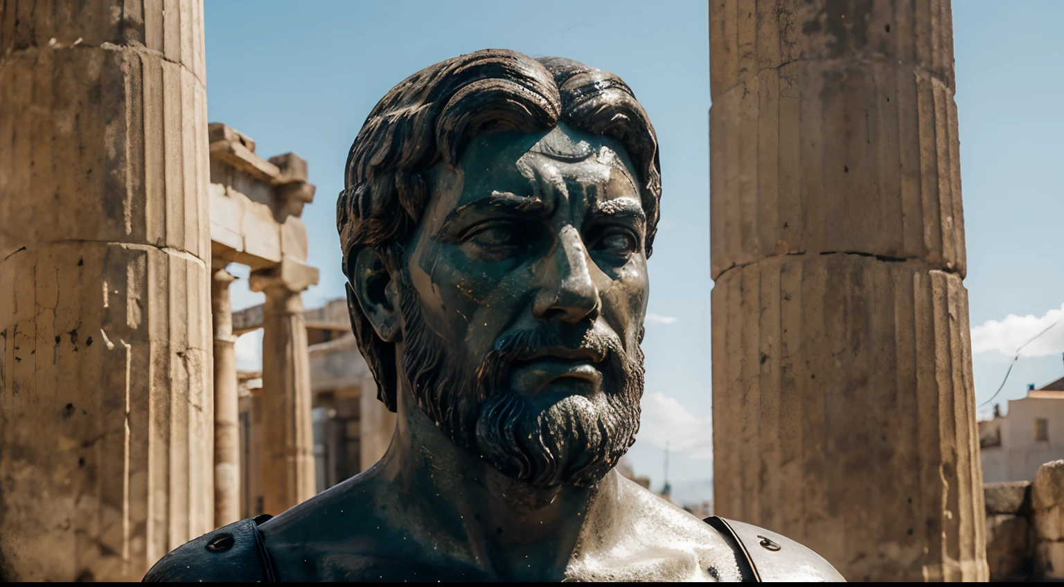 Ancient Stoic Statue With Very Angry Expression, tem barba, muitos detalhes em ambos os olhos, Outside, fundo atenas grego, open sky, com rosto extremamente detalhado full body view, Colors with low saturation with dark tone, Filmado em Sony A7S III com Sony FE 35mm f/1.8, 12.1 MP, --AR 3:2 --estilo cru