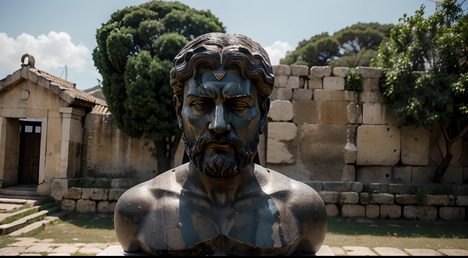 Ancient Stoic Statue With Very Angry Expression, tem barba, muitos detalhes em ambos os olhos, Outside, fundo atenas grego, open sky, com rosto extremamente detalhado full body view, Colors with low saturation with dark tone, Filmado em Sony A7S III com Sony FE 35mm f/1.8, 12.1 MP, --AR 3:2 --estilo cru