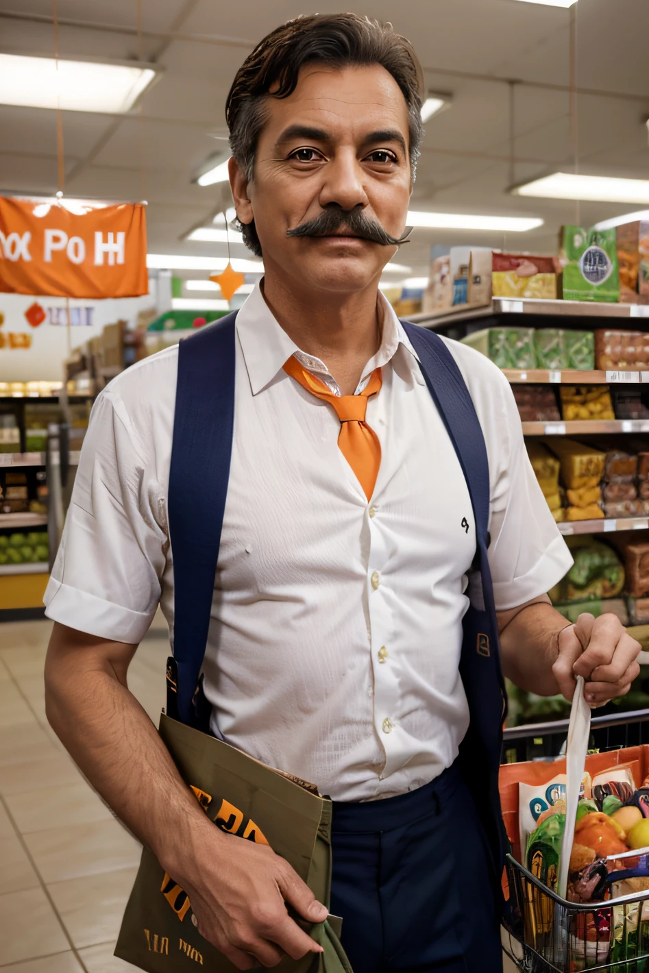Imagine para mim um homem de 50 anos com bigode em um supermercado, Dressed in a white button-down shirt and an orange tie, He'll be holding a grocery bag the color of his tie, the tie's going to be all over the place. o homem vai esta sorrindo e apontando para uma polaca com o nome mercadinho do tontonho