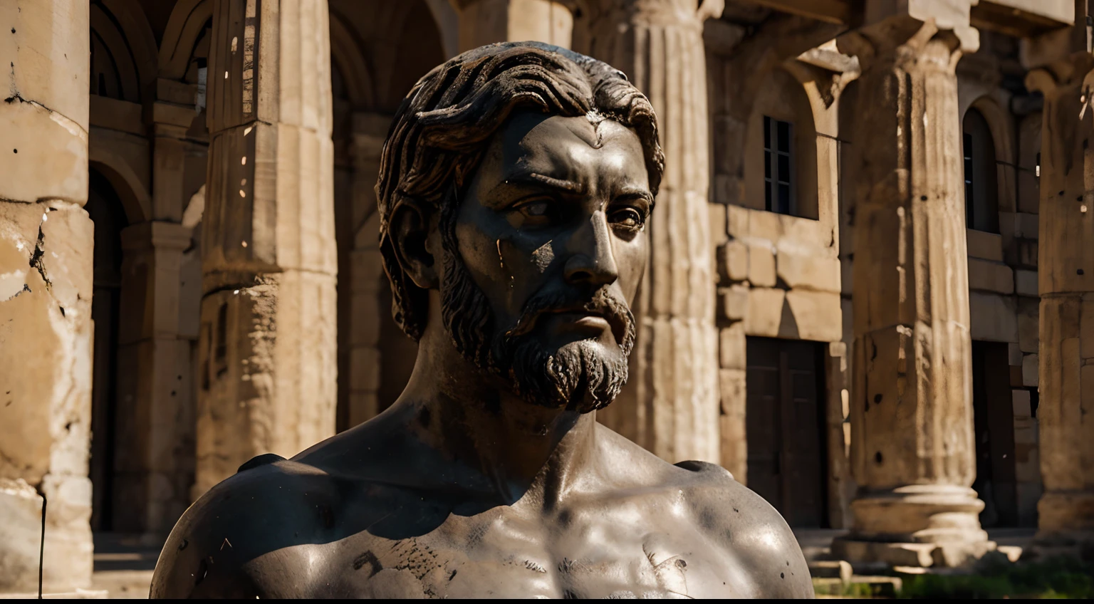 Ancient Stoic Statue With Very Angry Expression, tem barba, muitos detalhes em ambos os olhos, Outside, fundo atenas grego, open sky, com rosto extremamente detalhado full body view, Colors with low saturation with dark tone, Filmado em Sony A7S III com Sony FE 35mm f/1.8, 12.1 MP, --AR 3:2 --estilo cru