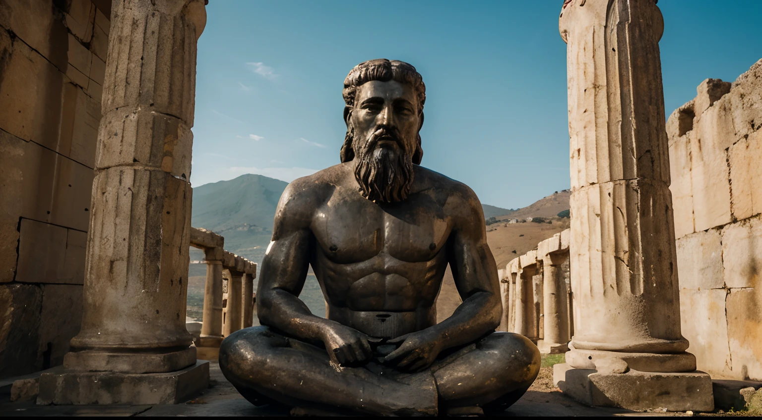 Ancient Stoic Statue With Very Angry Expression, tem barba, muitos detalhes em ambos os olhos, Outside, fundo atenas grego, open sky, com rosto extremamente detalhado full body view, Colors with low saturation with dark tone, Filmado em Sony A7S III com Sony FE 35mm f/1.8, 12.1 MP, --AR 3:2 --estilo cru