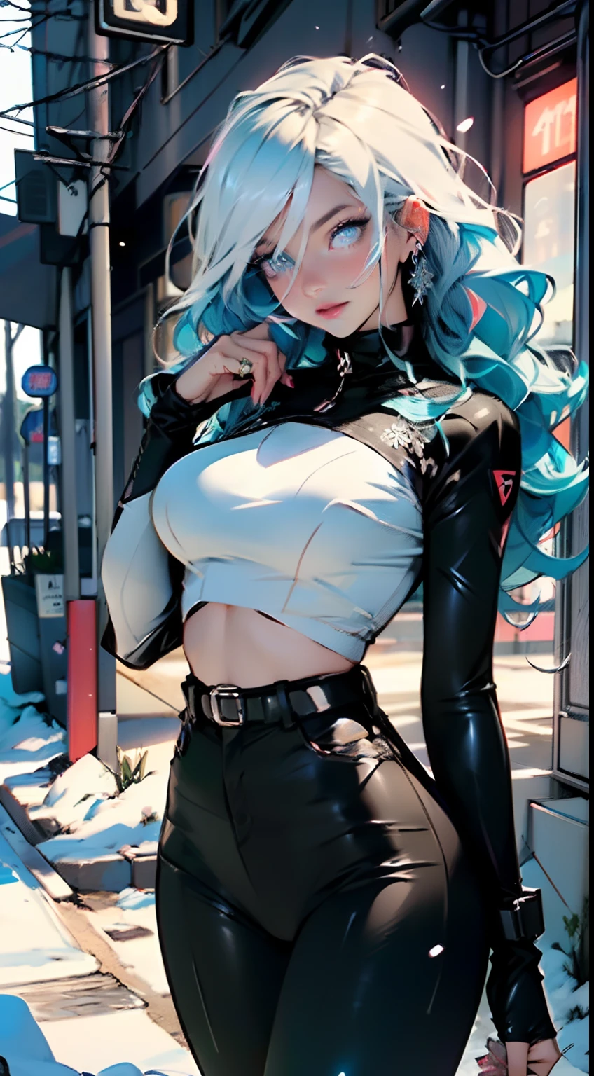 Goddess ((goddess-like woman)), slim elegant silhouette, masterpiece, (close angle), best quality, pale skin, fair skin, sweet face, (masterpiece:1,2, best quality), (real picture, intricate details), (1 lady , solo, medium , slim waistline, ), ((Jinx/LOL)), a woman long blue hair, brown eyes, holds the weapon epically, she has an impressive presence., beautiful face, beautiful eyes, Side Pose, Side View, She is wearing a zipper Cropped sweater, hip-high pants and over-the-knee boots, sweet smile, thigh gap, sweet irresistible smile, elegant pose, elegant hands, beautiful hands, perfect fingers, background: post-apocalypse, burning city, epic shot