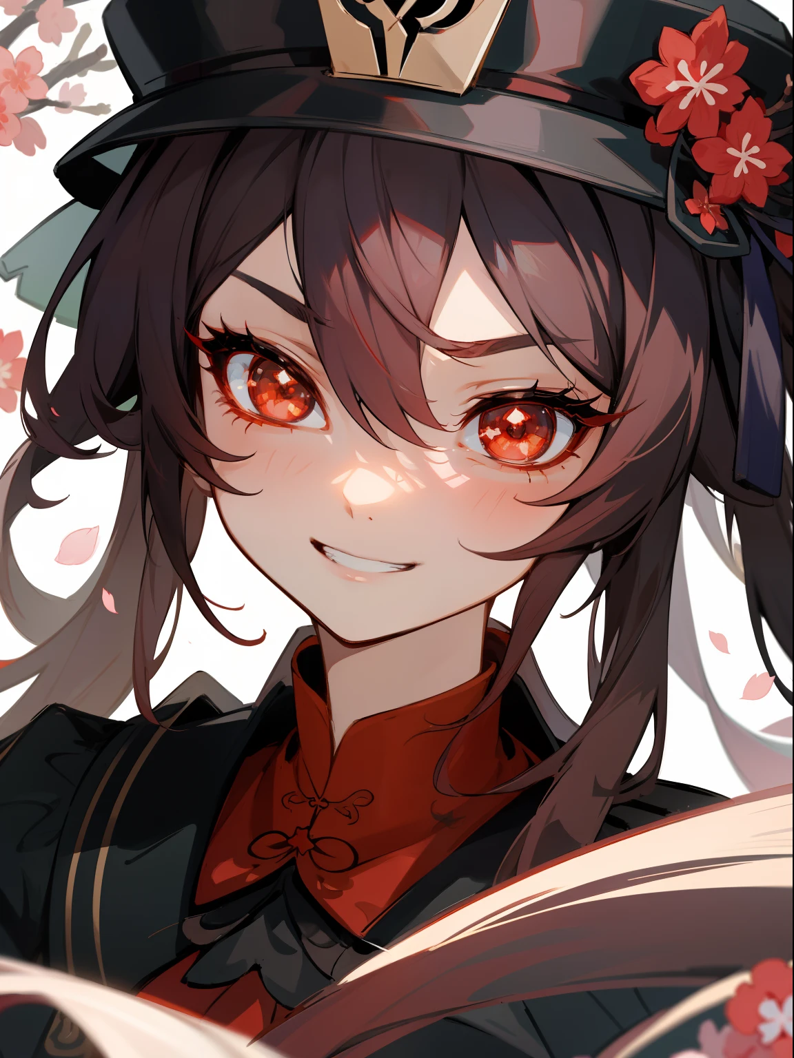 2d, masterpiece, best quality, anime, highly detailed eyes, highly detailed face, highly detailed background, perfect lighting, close up, 1girl, solo, hu tao \(genshin impact\), star-shaped pupils, flower-shaped pupils, hat, red flower, red eyes, cherry blossoms, evil grin, black outfit