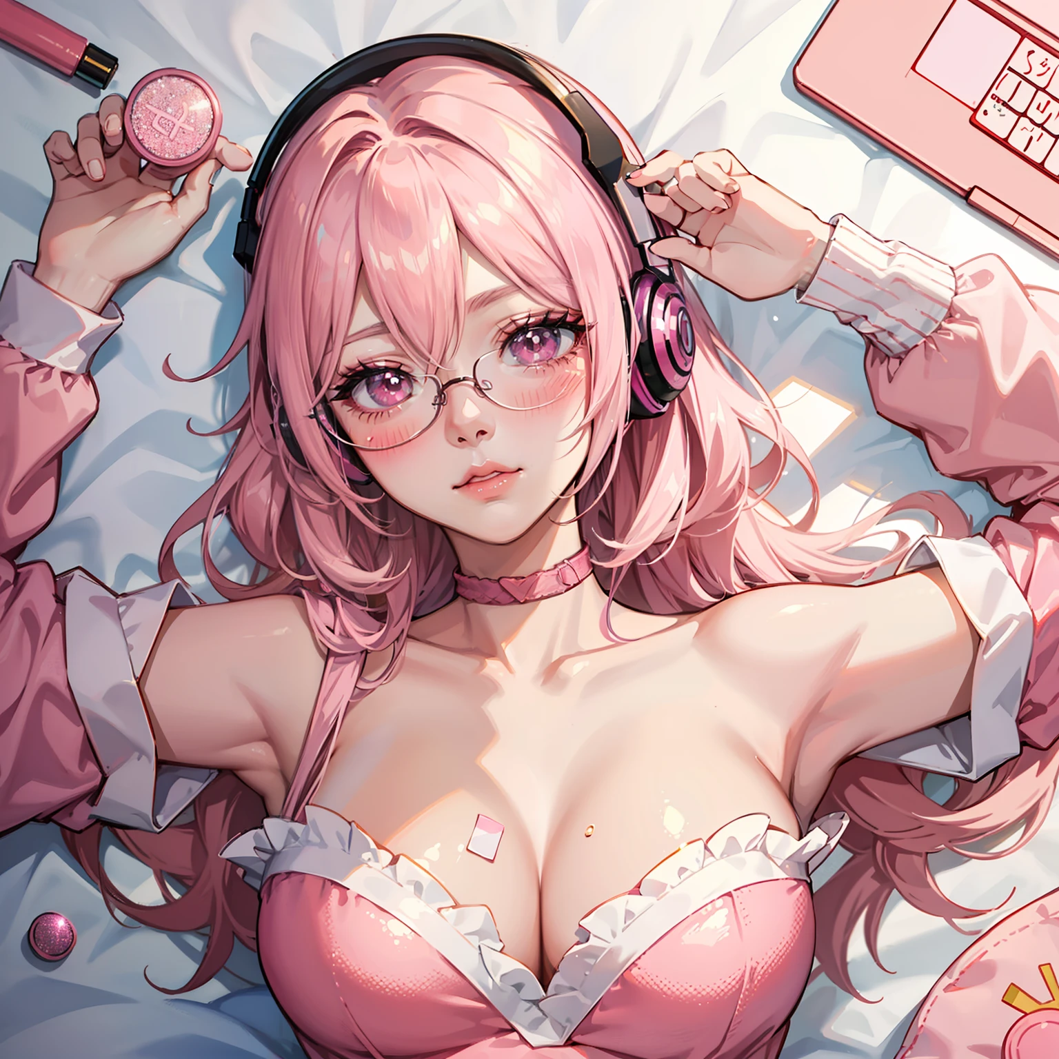 anime girl with pink hair, Aegyo-sal, eyebags, wearing glasses, makeup, blush, blush nose, glitter makeup on eyes, perfect anime face, semi - realistic anime, detailed anime soft face, sleeping mask on head, gaming headphones, gigantic tits, torso showing