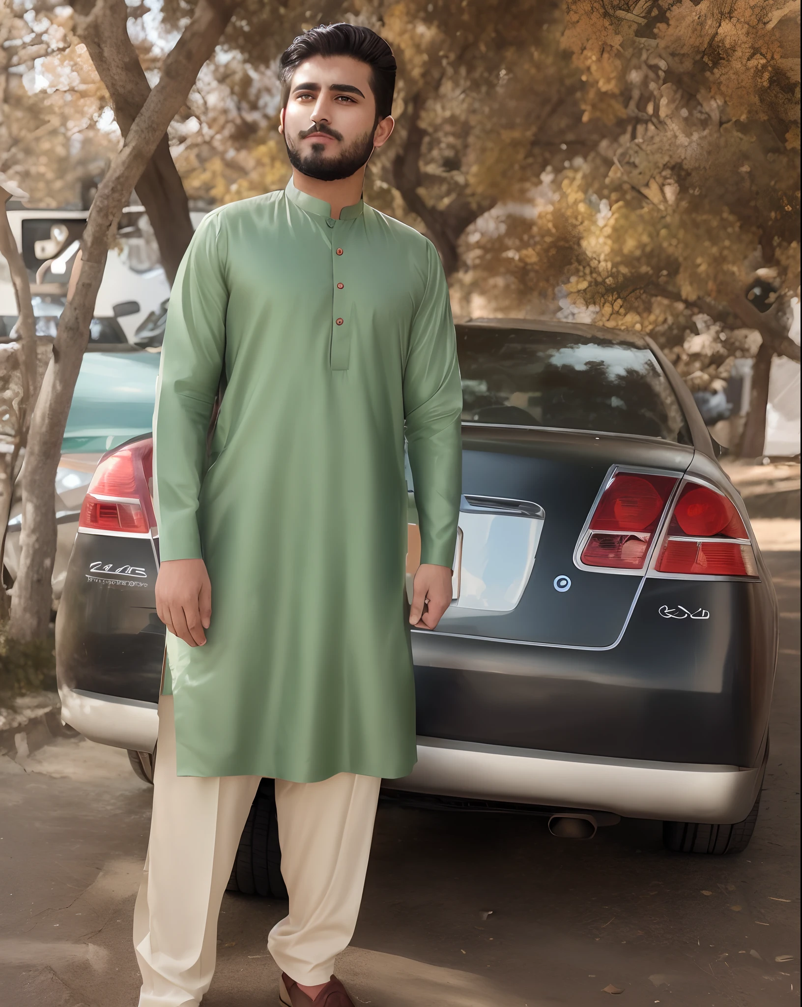 araffe man standing in front of a car in a parking lot, kyza saleem, full body picture, an afghan male type, khyzyl saleem, amad, wearing a kurta, profile picture 1024px, traditional clothes, front side, dressed thobe, handsome man, * colour splash *, 3/4 front view