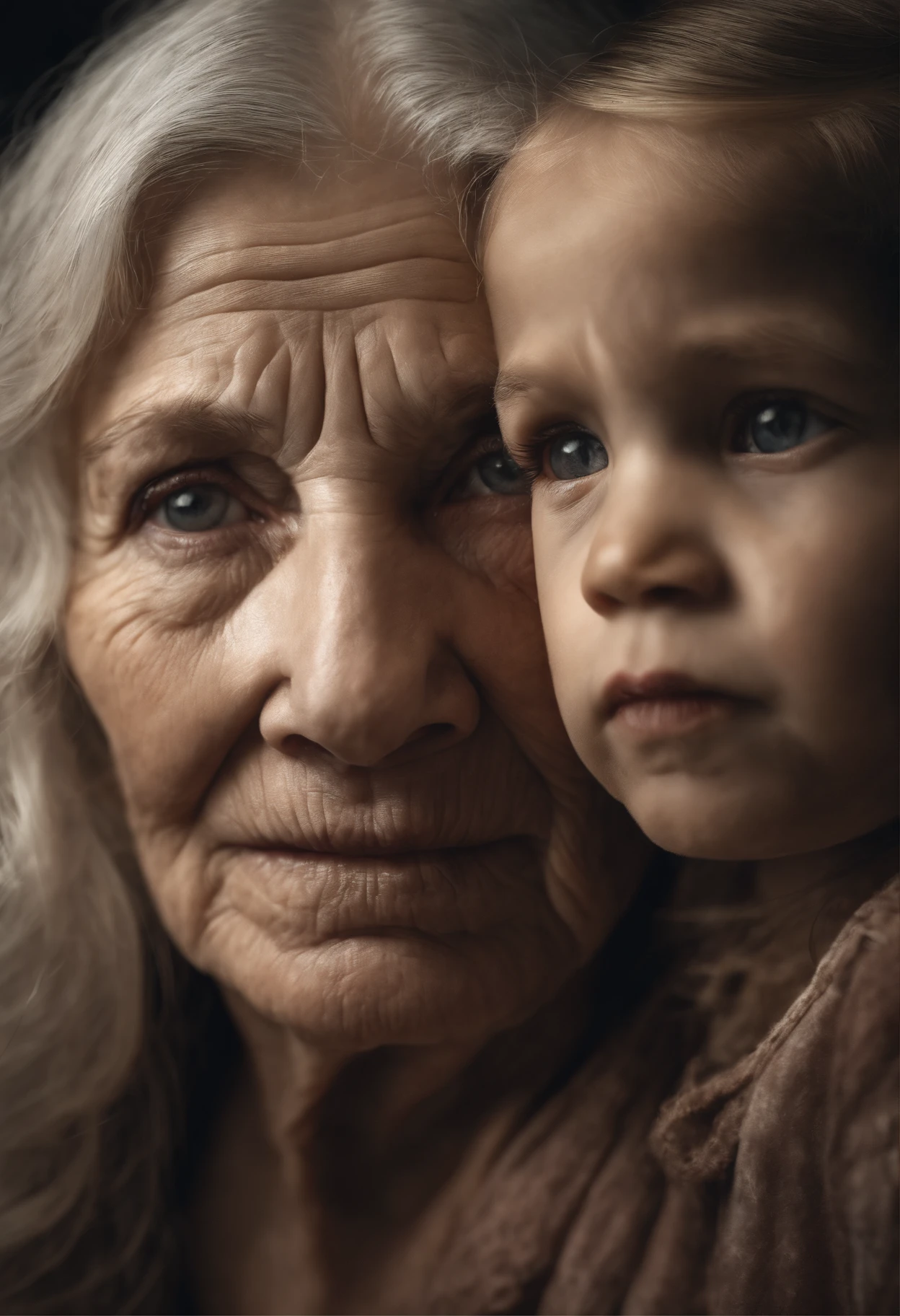 There are two photos of a woman and a female child, long hair and tears on their face and a very sad look with wrinkles, Age lines, aging, Wrinkles, wrinkled skin, wrinkled face, deep wrinkles!, wrinkles and muscle tissue, old and wrinkled, marks of age, looking old, old and, wrinkled, 70 years old, 70 years old, wrinkles and muscles, both faces visible, intricate wrinkles face to face with faces of anger and hatred with strong expressions of desire to kill each other