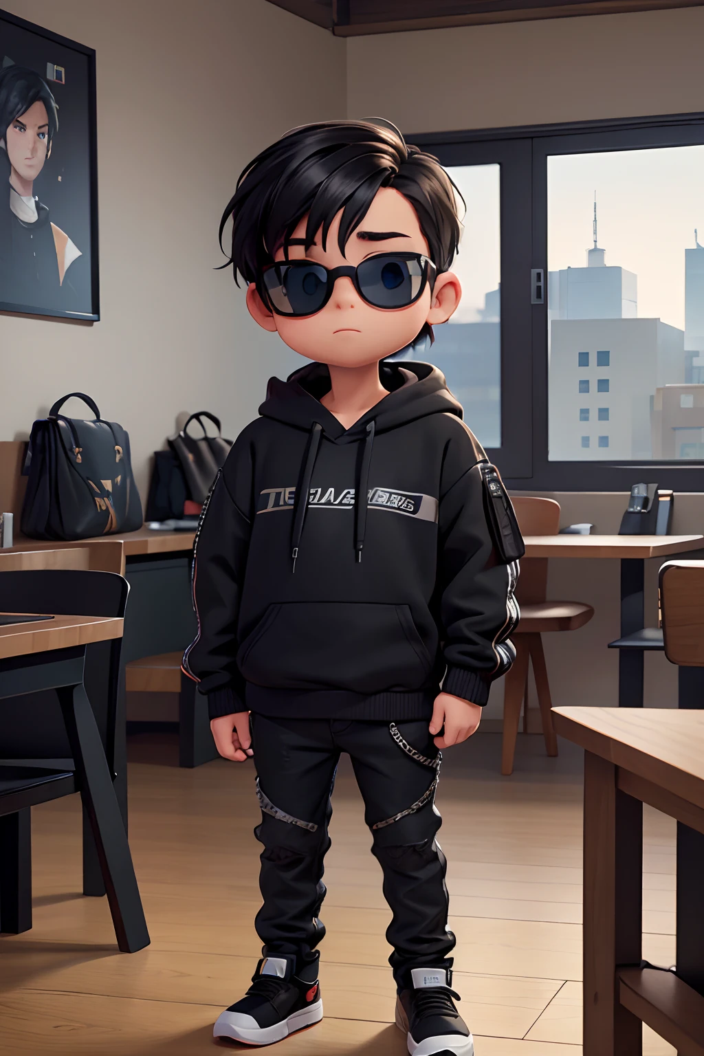 ((masterpiece)), (8k, high_resolution), (best quality), beautiful eyes, detailed eyes, cute face, nice hair, ultra-detailed, male kid, wearing sunglasses, kid standing in a room looking at their cell phones, mall goth, wearing japanese techwear, fear of god style, wearing space techwear, vetements, prada, black oversized clothes, wearing urban techwear, wearing jeans and a black hoodie, casual streetwear, black clothes, techwear look and clothes, ootd, wearing in black clothes