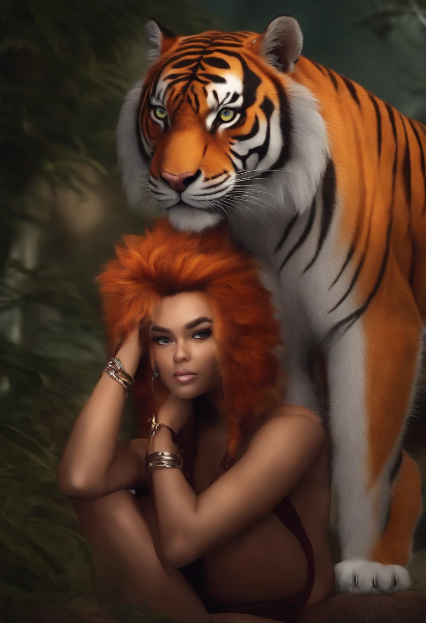 Name: Taro
Age: 23
Eyes: blood red
300lbs tiger. 7'11ft tall. orange fur around body with tiger stripes and saber tooth teeth
Species: tiger
Hair: Tiny front red mohawk. Has chest fluff

Body: He has a big strong body with a belly and big pecs. 
Clothing: - Wears loose grey sweatpants. No shirt