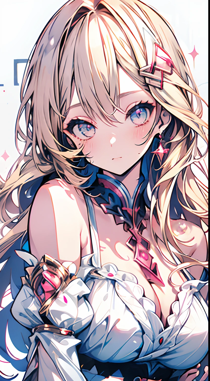 Illustration, UHD, retina, masterpiece, accurate, anatomically correct, super detail, high details, high quality, award winning, best quality, highres, good anatomy, 1080P, HD, 4K, 8k, 16k, 1girl, dynamic pose, androgynous, detailed eyes, detailed clothes, detailed hair, rendering, strands of hair, cute waifu, long blonde hair, parted bangs, pink eyes, big breast, blushing, wearing a off shoulder white dress, breast window, detached sleeves, majestic dress, beautiful eyes, pink background, white 2d traingles in background, devianart, pixiv, danbooru