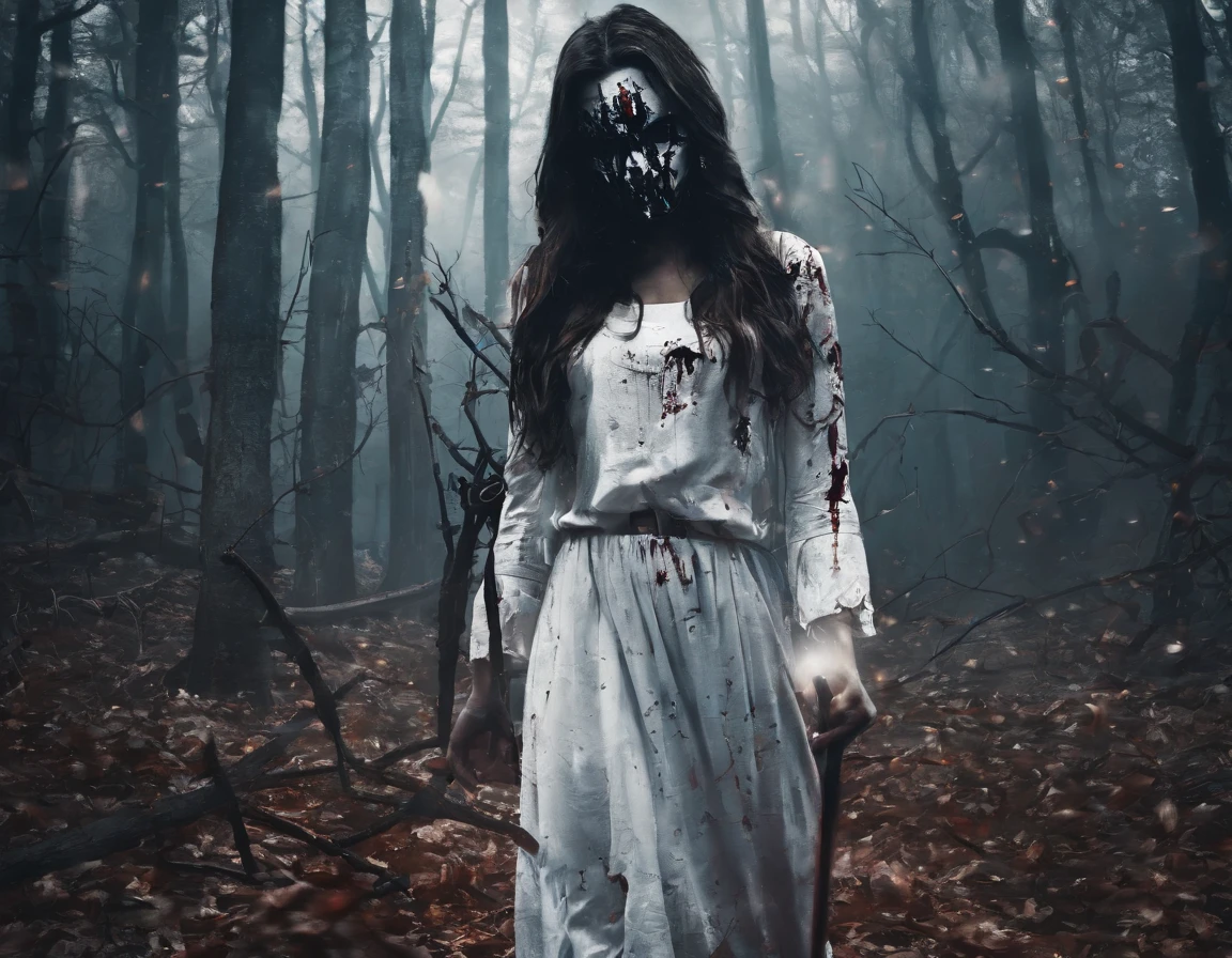 A girl wearing a hockey mask with a machete, piercing blue eyes, bloodied lips, and a sinister smile, surrounded by a dark and eerie forest. She is dressed in a tattered and dirty white dress, with long, tangled black hair covering half of her face. The scene is set during a stormy night, with thunder and lightning illuminating the scene. The girl stands in a haunting pose, holding the machete in one hand and raising it high in the air. The atmosphere is filled with suspense and fear, as if she is about to strike her next victim.
The artwork should be created in a hyper-realistic style, using high-resolution techniques to capture every detail of the girl's face, dress, and the surrounding forest. The colors should be desaturated, with a cold and gloomy tone, enhancing the horror theme. Studio lighting should be used to add depth and highlight the details of the girl's face and the forest. The overall image quality should be of the highest standard, producing a 4K or 8K masterpiece that showcases extreme detail and realism.
In summary, the prompt should include the following tags:
- female Jason Voorhees
- hockey mask
- machete
- piercing blue eyes
- bloodied lips
- sinister smile
- dark and eerie forest
- tattered and dirty white dress
- long tangled black hair
- stormy night
- thunder and lightning
- haunting pose
- suspense
- fear
- hyper-realistic style
- high-resolution techniques
- desaturated colors
- cold and gloomy tone
- studio lighting
- 4K or 8K quality
- extreme detail and realism
Remember to arrange the tags in order of importance and separate them with commas.