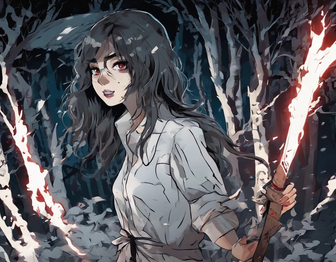 A girl wearing a hockey mask with a machete, piercing blue eyes, bloodied lips, and a sinister smile, surrounded by a dark and eerie forest. She is dressed in a tattered and dirty white dress, with long, tangled black hair covering half of her face. The scene is set during a stormy night, with thunder and lightning illuminating the scene. The girl stands in a haunting pose, holding the machete in one hand and raising it high in the air. The atmosphere is filled with suspense and fear, as if she is about to strike her next victim.

The artwork should be created in a hyper-realistic style, using high-resolution techniques to capture every detail of the girl's face, dress, and the surrounding forest. The colors should be desaturated, with a cold and gloomy tone, enhancing the horror theme. Studio lighting should be used to add depth and highlight the details of the girl's face and the forest. The overall image quality should be of the highest standard, producing a 4K or 8K masterpiece that showcases extreme detail and realism.

In summary, the prompt should include the following tags: 
- female Jason Voorhees
- hockey mask
- machete
- piercing blue eyes
- bloodied lips
- sinister smile
- dark and eerie forest
- tattered and dirty white dress
- long tangled black hair
- stormy night
- thunder and lightning
- haunting pose
- suspense
- fear
- hyper-realistic style
- high-resolution techniques
- desaturated colors
- cold and gloomy tone
- studio lighting
- 4K or 8K quality
- extreme detail and realism

Remember to arrange the tags in order of importance and separate them with commas.