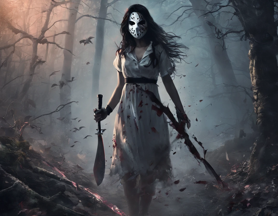 A girl wearing a hockey mask with a machete, piercing blue eyes, bloodied lips, and a sinister smile, surrounded by a dark and eerie forest. She is dressed in a tattered and dirty white dress, with long, tangled black hair covering half of her face. The scene is set during a stormy night, with thunder and lightning illuminating the scene. The girl stands in a haunting pose, holding the machete in one hand and raising it high in the air. The atmosphere is filled with suspense and fear, as if she is about to strike her next victim.

The artwork should be created in a hyper-realistic style, using high-resolution techniques to capture every detail of the girl's face, dress, and the surrounding forest. The colors should be desaturated, with a cold and gloomy tone, enhancing the horror theme. Studio lighting should be used to add depth and highlight the details of the girl's face and the forest. The overall image quality should be of the highest standard, producing a 4K or 8K masterpiece that showcases extreme detail and realism.

In summary, the prompt should include the following tags: 
- female Jason Voorhees
- hockey mask
- machete
- piercing blue eyes
- bloodied lips
- sinister smile
- dark and eerie forest
- tattered and dirty white dress
- long tangled black hair
- stormy night
- thunder and lightning
- haunting pose
- suspense
- fear
- hyper-realistic style
- high-resolution techniques
- desaturated colors
- cold and gloomy tone
- studio lighting
- 4K or 8K quality
- extreme detail and realism

Remember to arrange the tags in order of importance and separate them with commas.