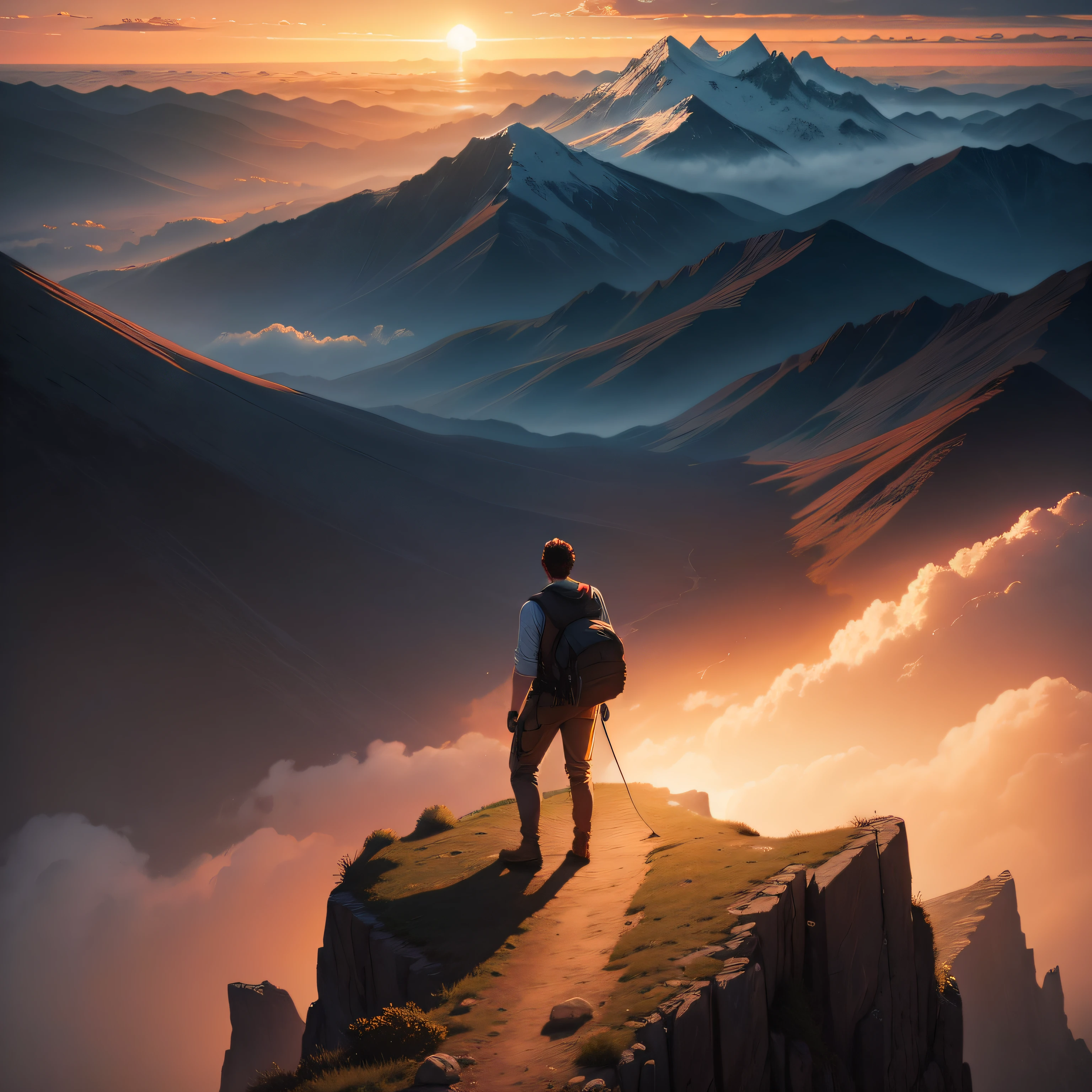 Man on top of a mountain at sunset looking at the horizon. Pintura realista