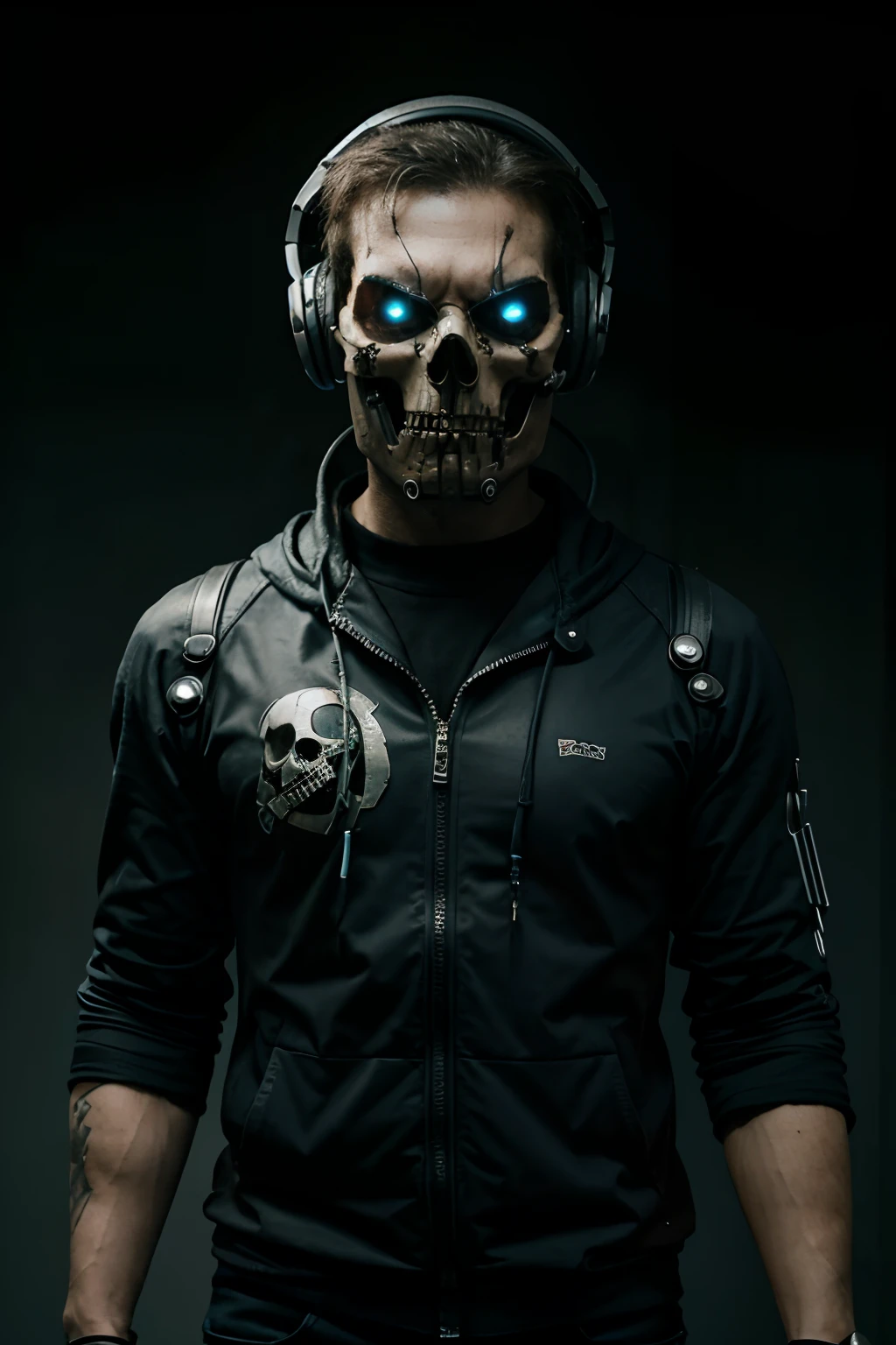 angry cyborg with a skull face wearing headphones and holding a microphone