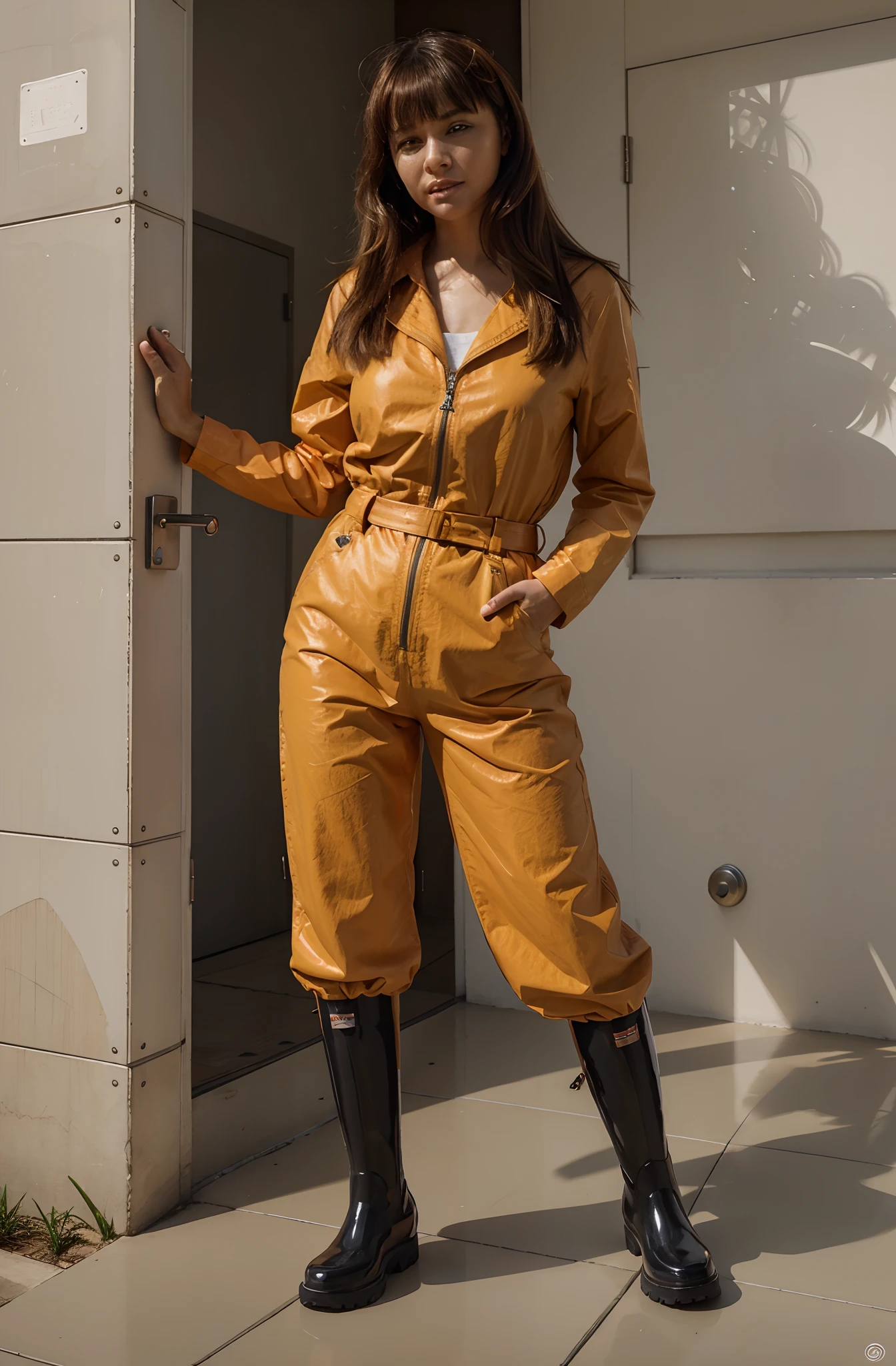 Make her bound and gagged and improve her Hunter rainboots, remove her jumpsuit's belt, make her jumpsuit more orange, improver her fringe haircut