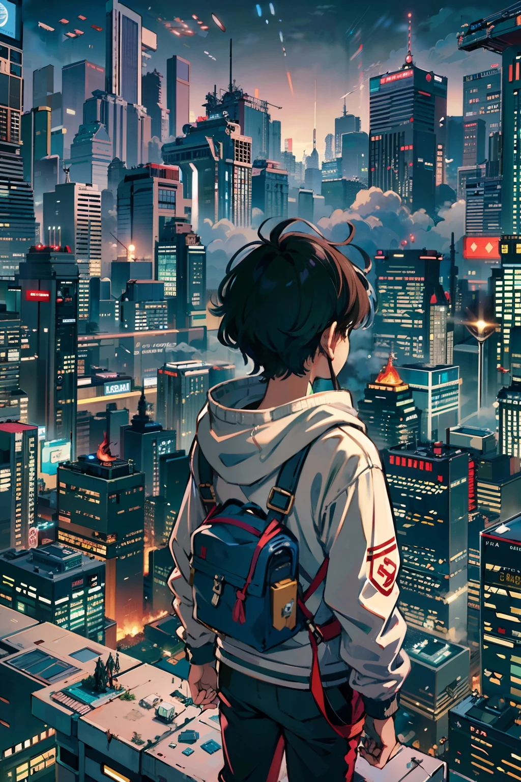 1st grade,(um menino de 13 anos:1.5)、Protagonista estilo anime、menino cyberpunk、Traje preto、Cabelos Prateados、Katanas,metralhadora、Corpo inteiro sangrento、Aerial view of the composition、The beginning of the adventure、Muitas nuvens,Heavy fog、lua,Chaotic city of the future、distopic、dim lighting、caothic、Beautiful and fantastic landscapes、Cinematic setting、alta qualidade、masutepiece,em 8K、alta resolução、